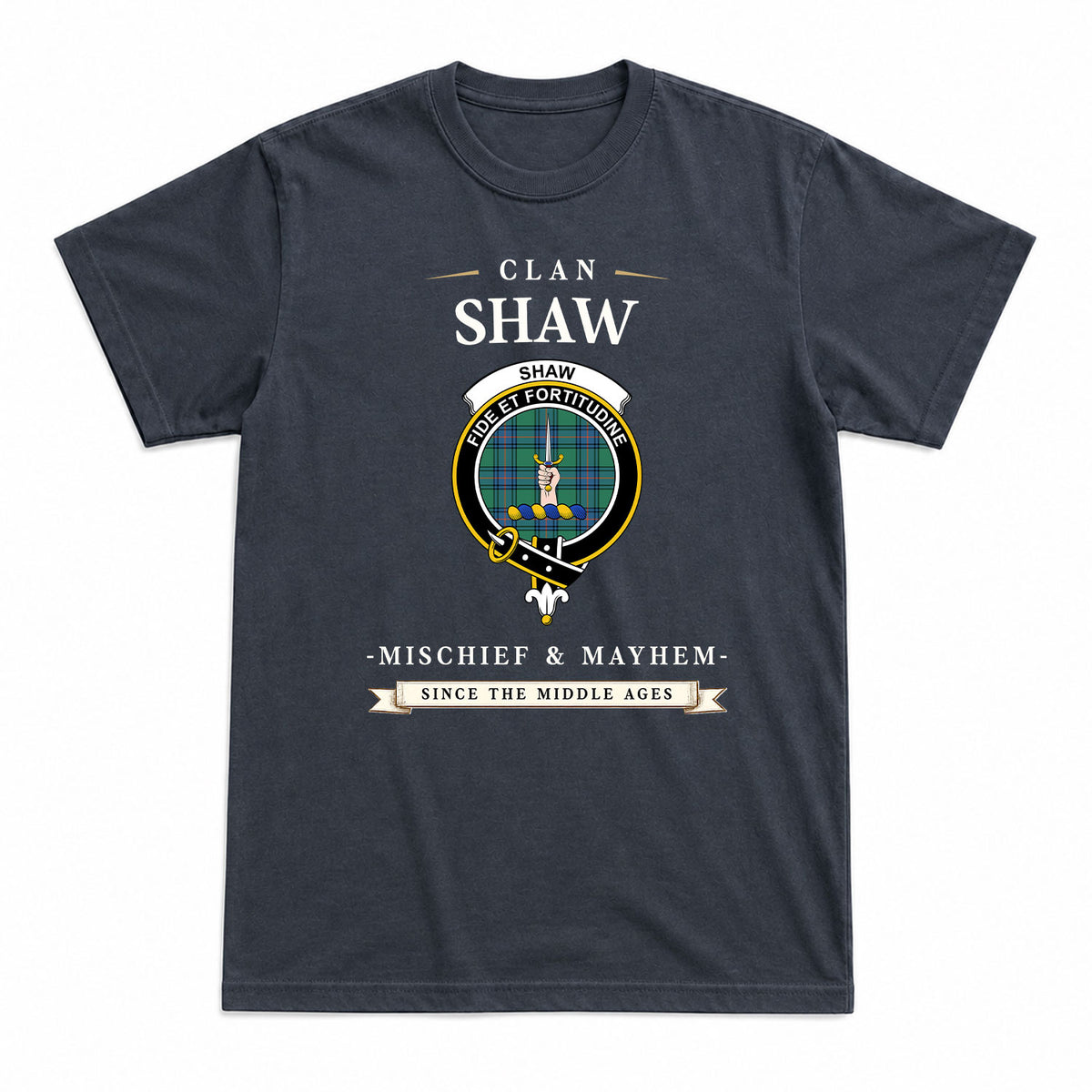Shaw Ancient Tartan Crest Mischief and Mayhem T-shirt