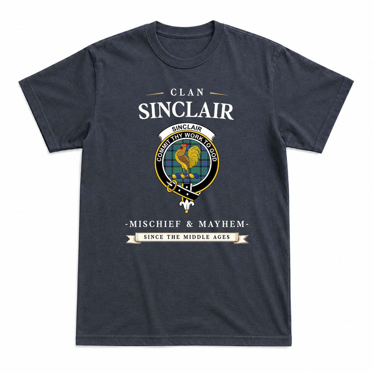 Sinclair Hunting Ancient Tartan Crest Mischief and Mayhem T-shirt