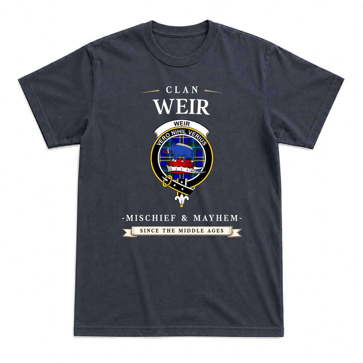 Weir Modern Tartan Crest Mischief and Mayhem T-shirt