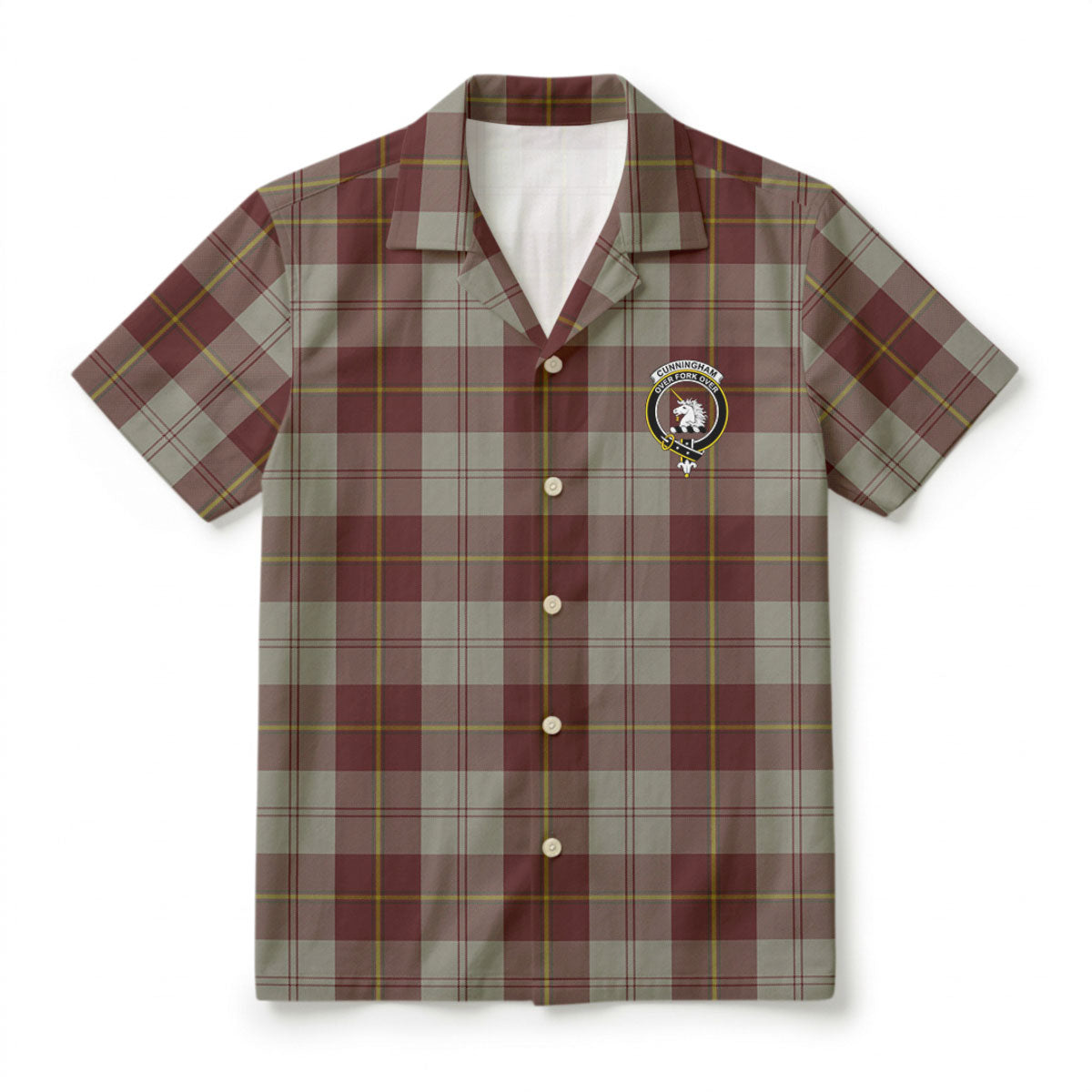 Cunningham Burgundy Dancers Tartan Crest Hawaiian Shirt
