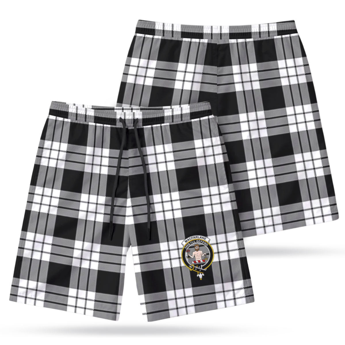 MacFarlane Black - White Tartan Crest Men's Beach Shorts