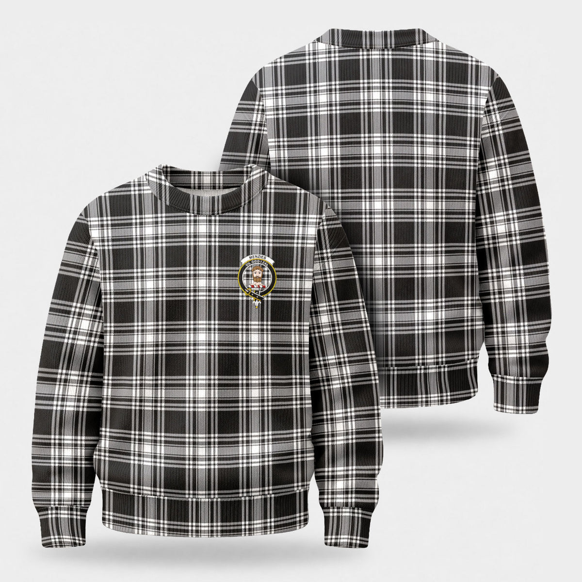 Menzies Black - White Modern Tartan Crest Sweater