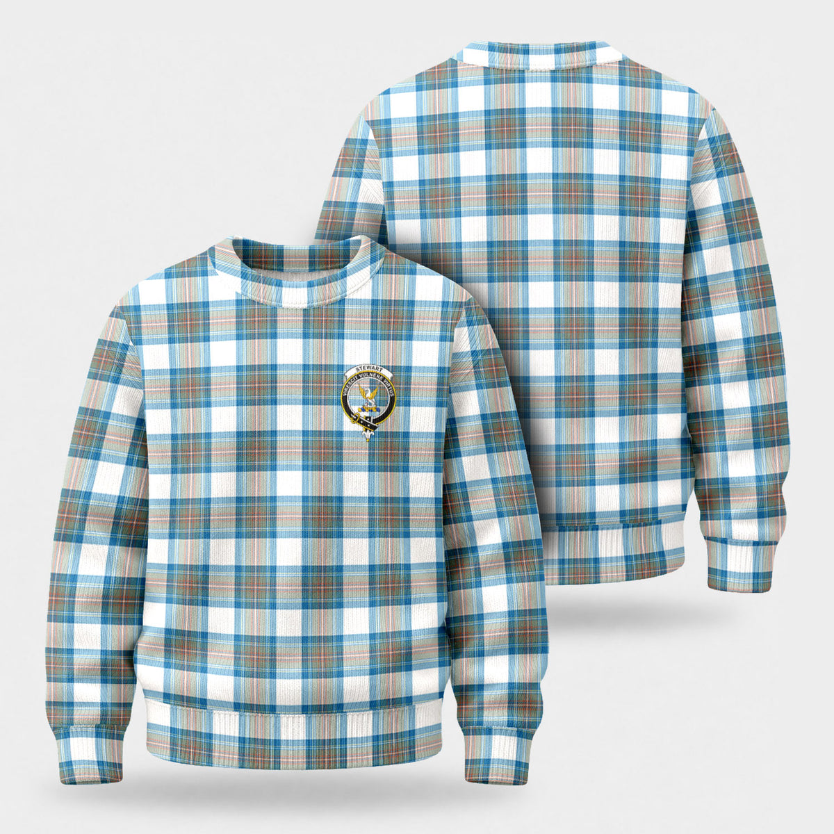Stewart Muted Blue Tartan Crest Sweater