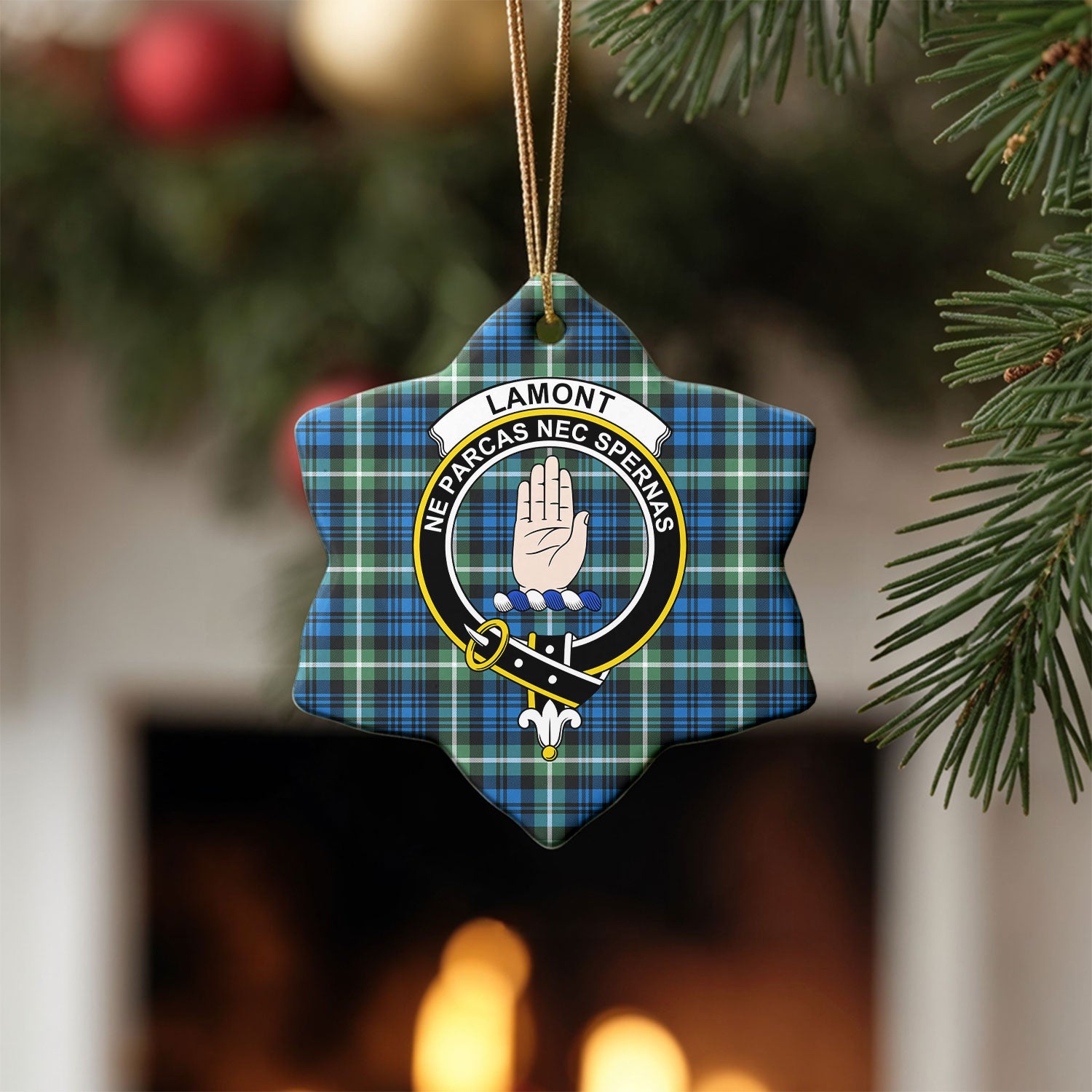 Lamont Ancient Tartan Crest Christmas Ceramic Ornament