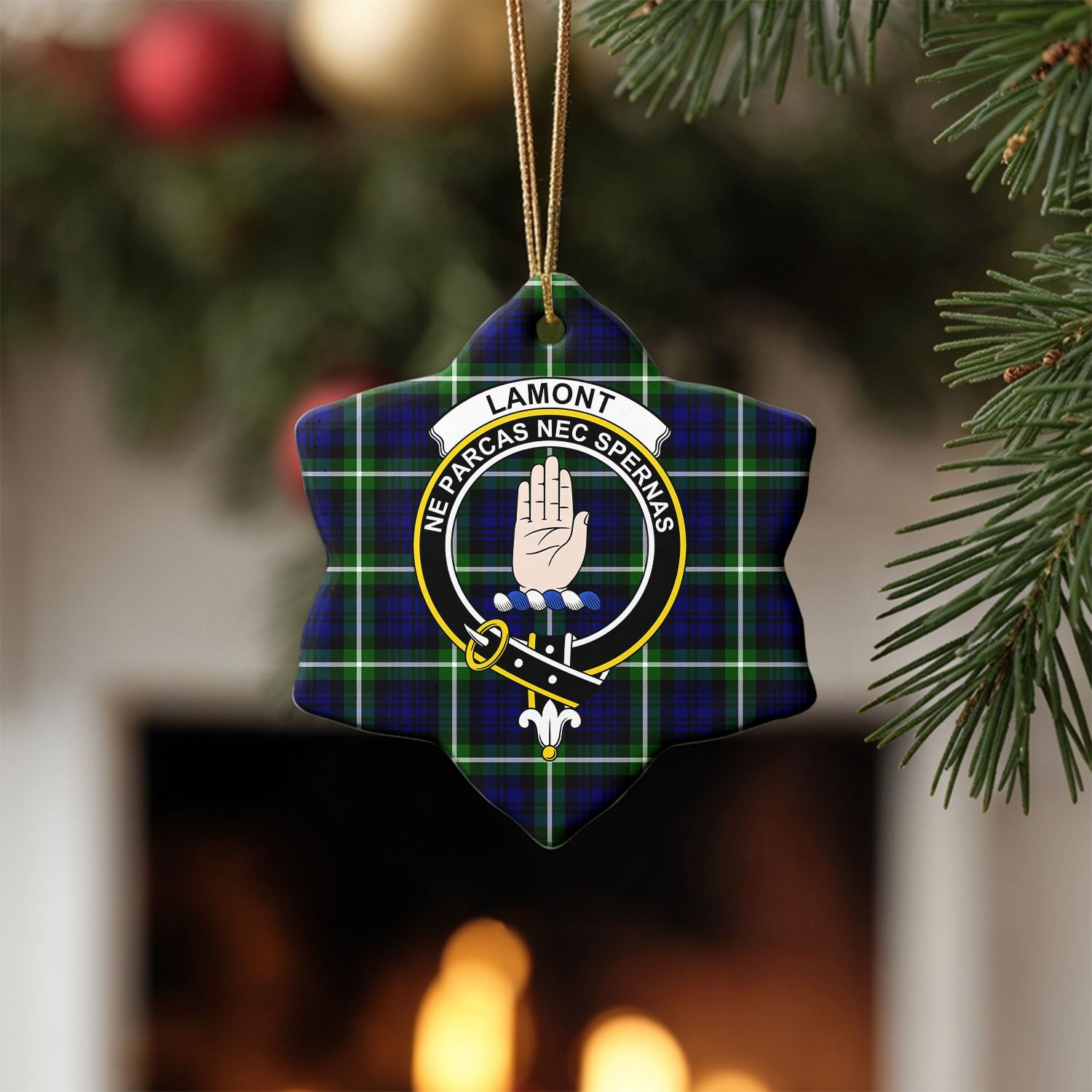 Lamont Modern Tartan Crest Christmas Ceramic Ornament