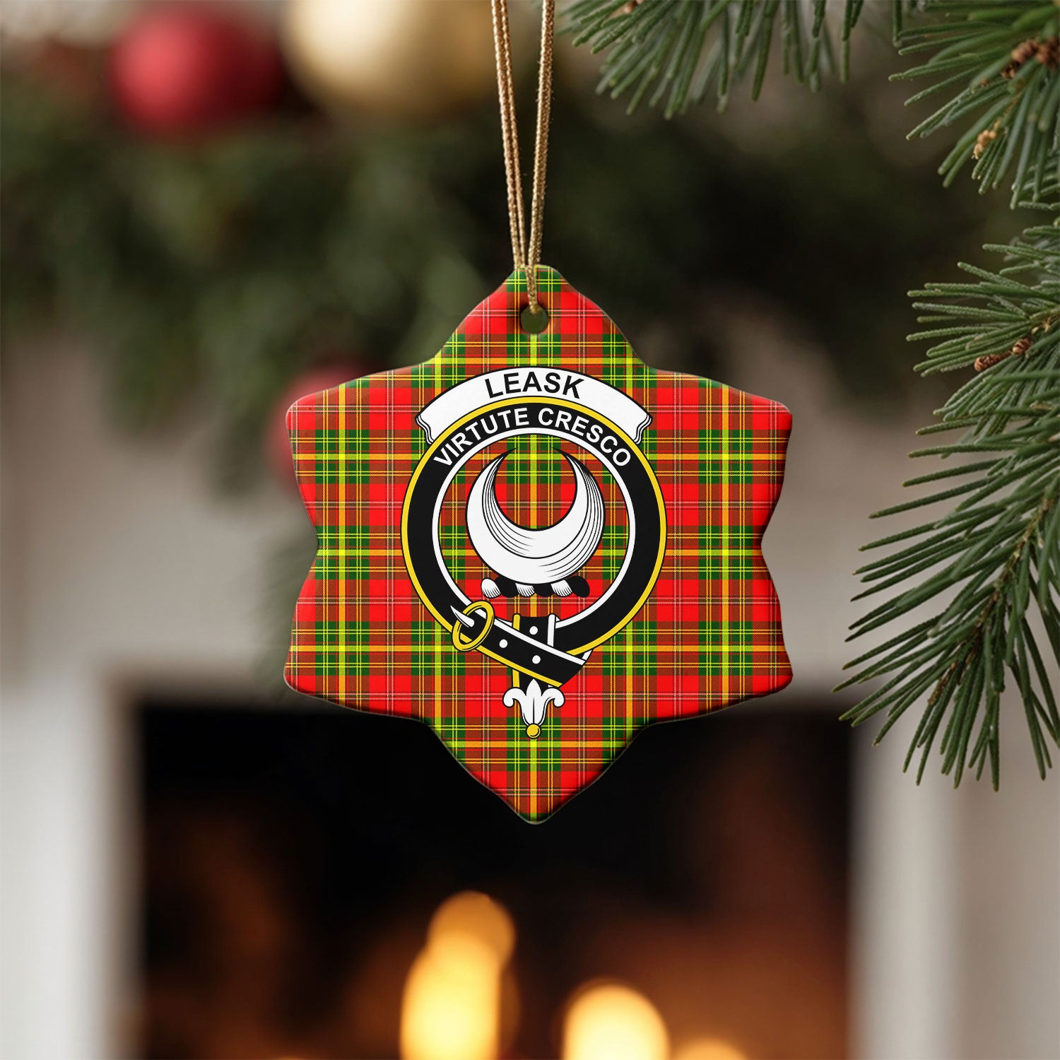 Leask Tartan Crest Christmas Ceramic Ornament