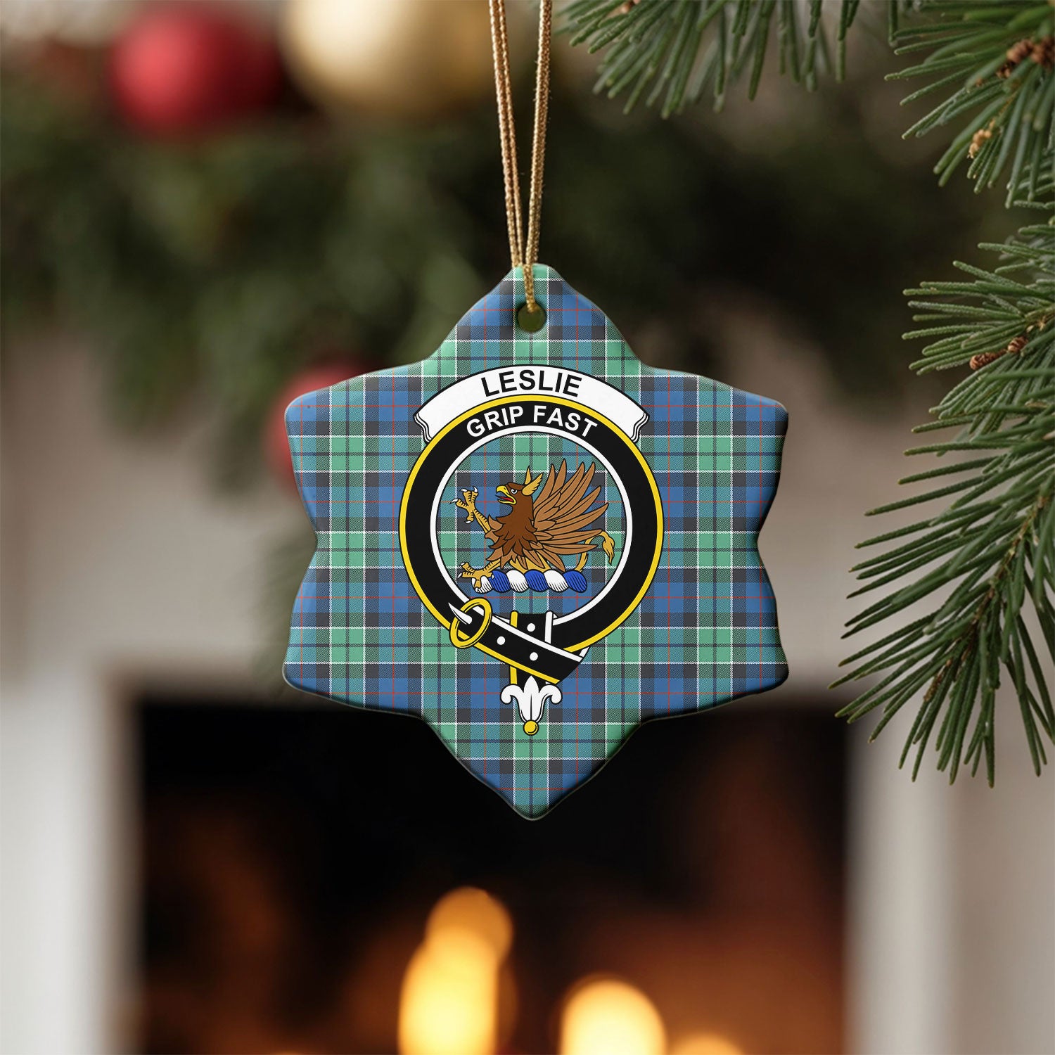 Leslie Hunting Ancient Tartan Crest Christmas Ceramic Ornament