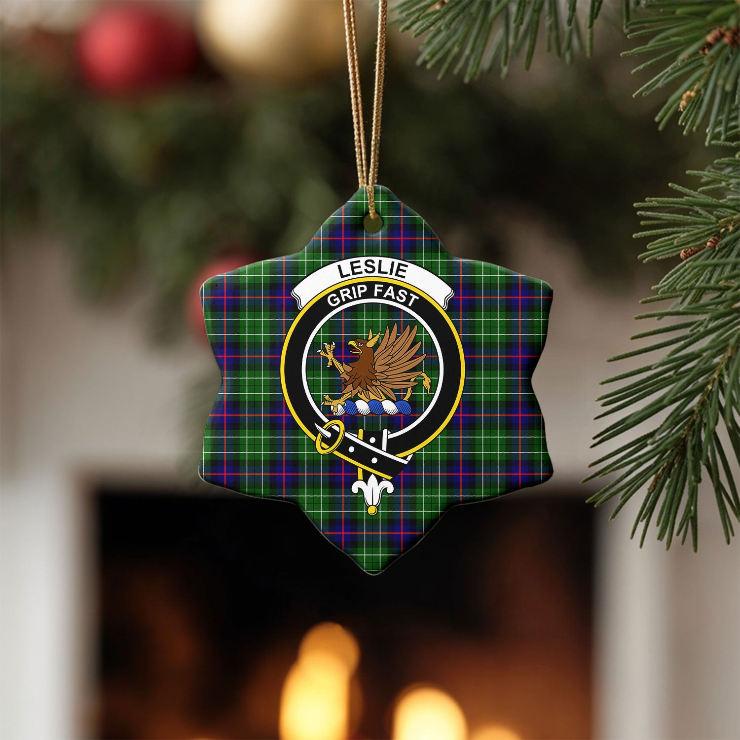 Leslie Hunting Tartan Crest Christmas Ceramic Ornament