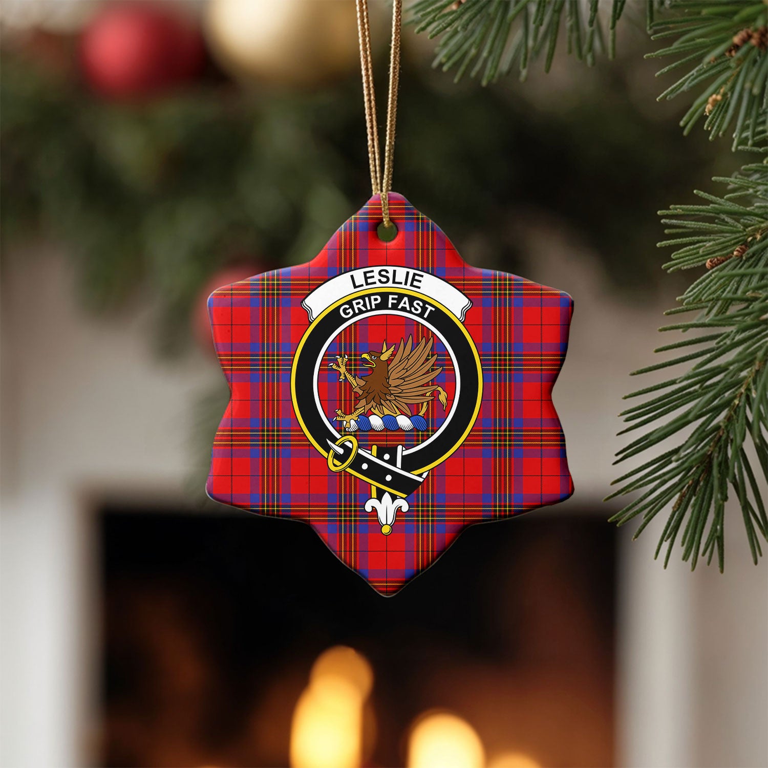 Leslie Modern Tartan Crest Christmas Ceramic Ornament