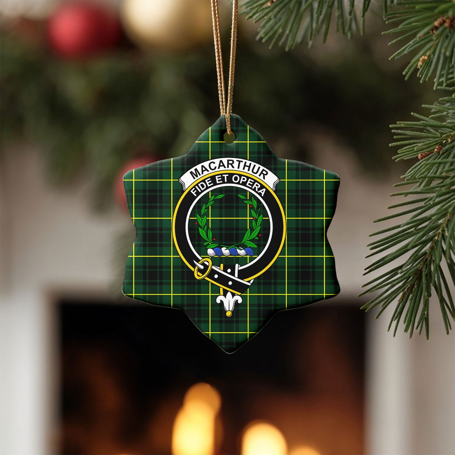 MacArthur Modern Tartan Crest Christmas Ceramic Ornament