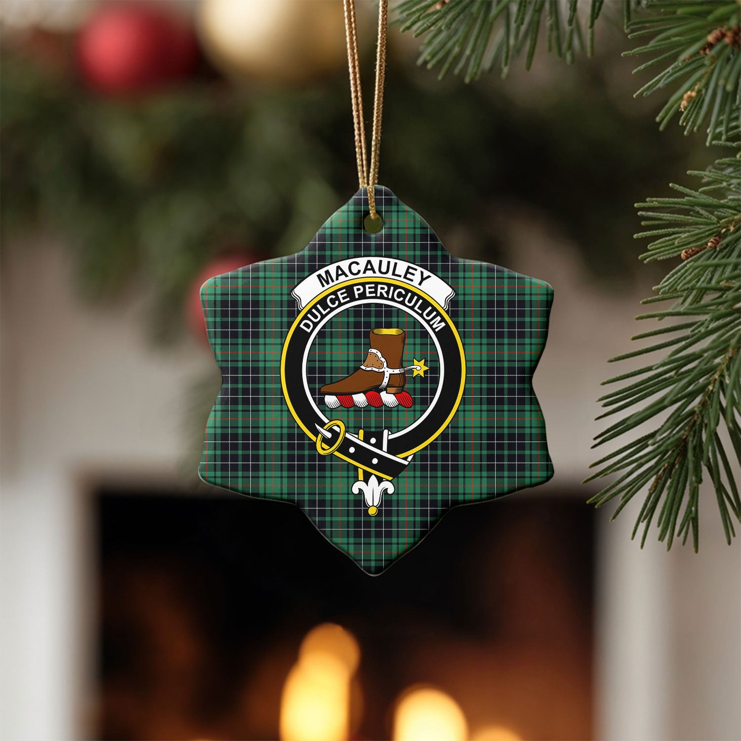 MacAuley Hunting Ancient Tartan Crest Christmas Ceramic Ornament
