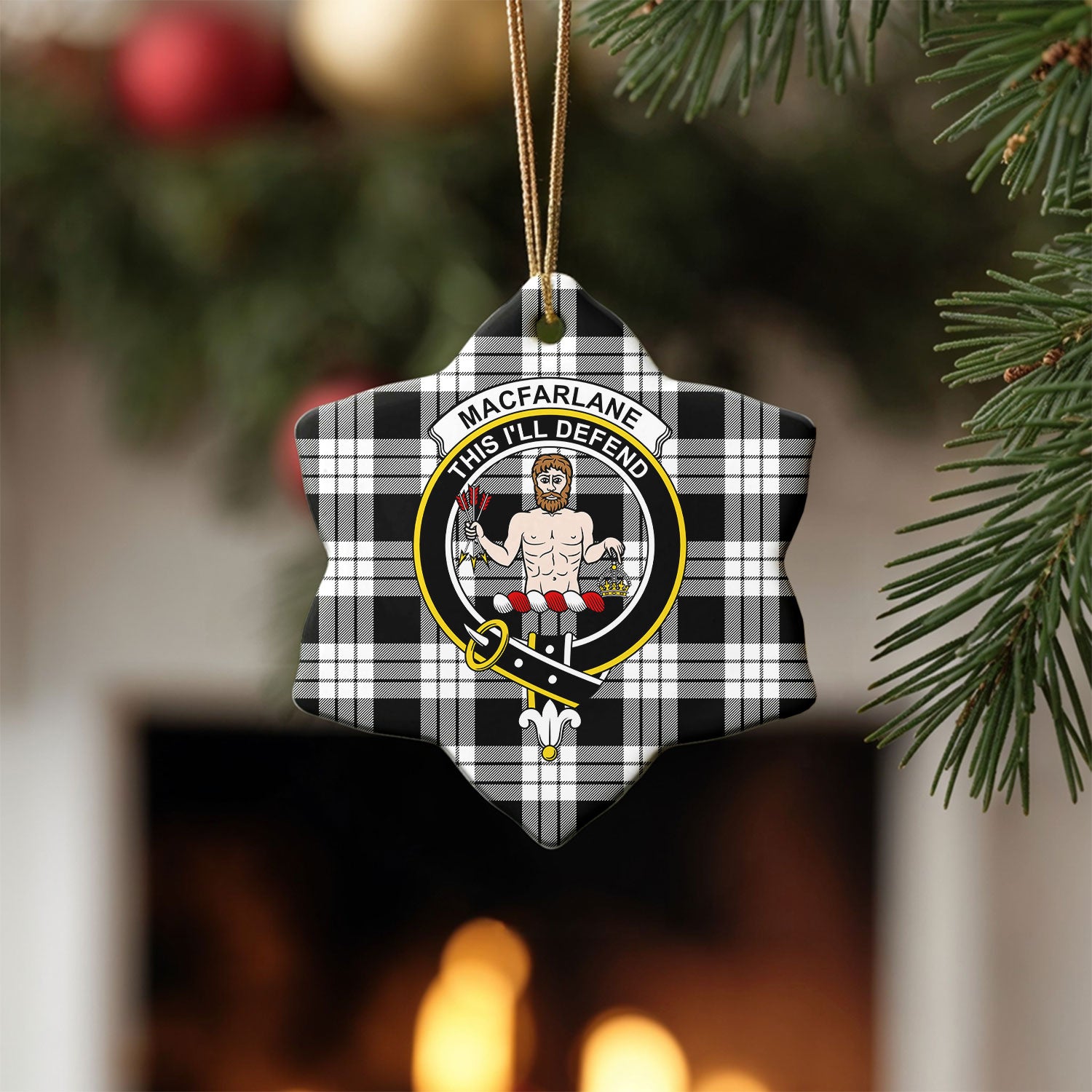 MacFarlane Black - White Tartan Crest Christmas Ceramic Ornament