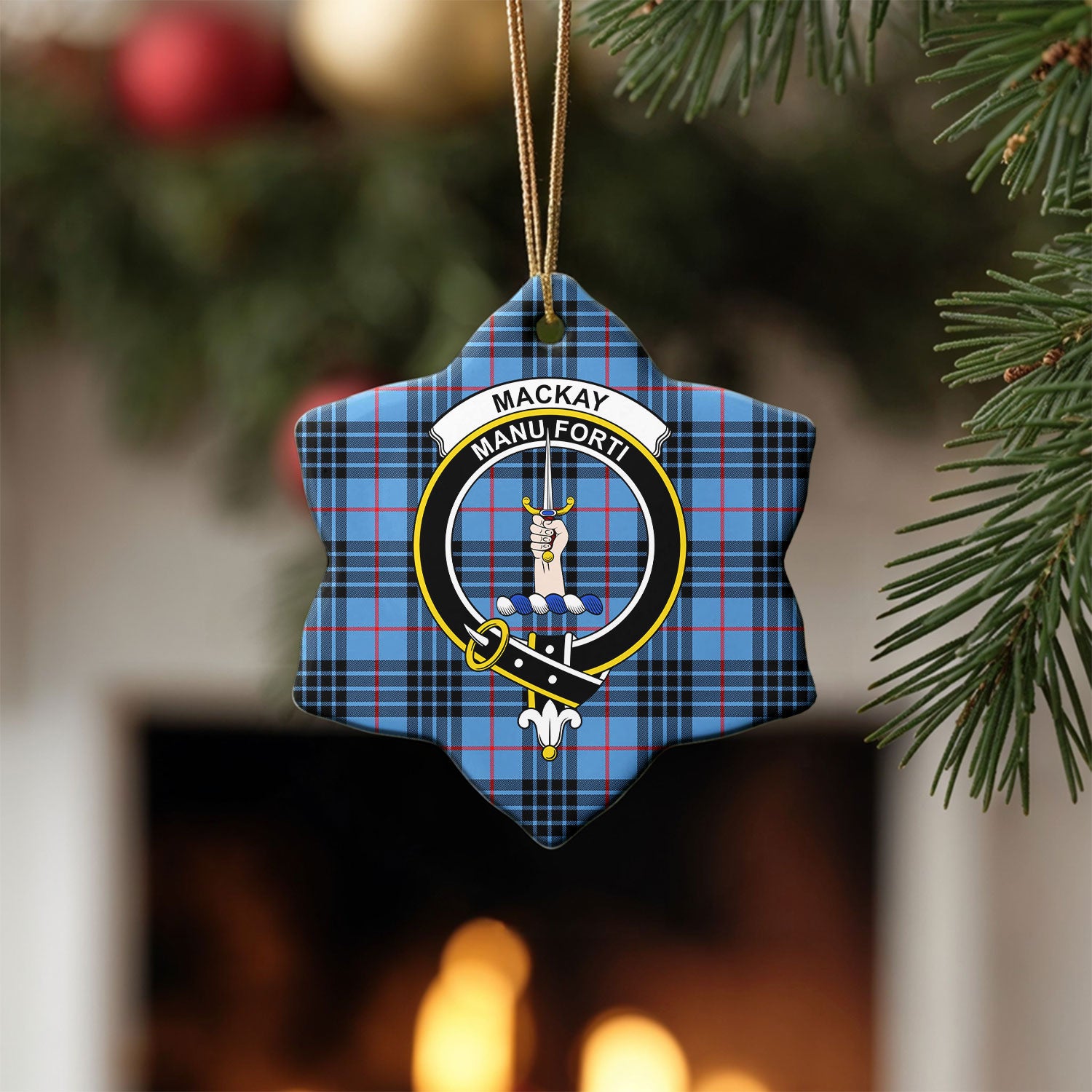 MacKay Blue Tartan Crest Christmas Ceramic Ornament