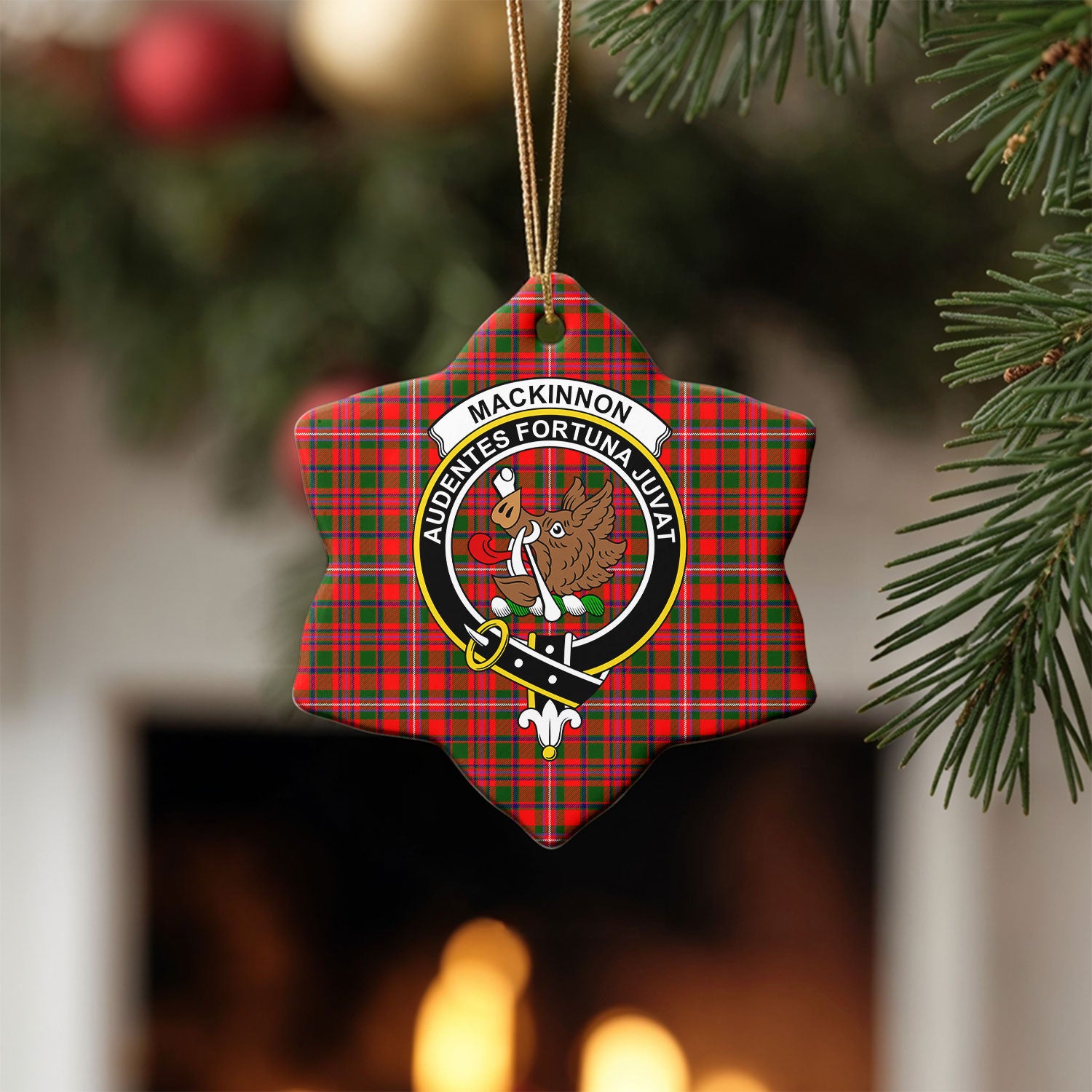 MacKinnon Modern Tartan Crest Christmas Ceramic Ornament