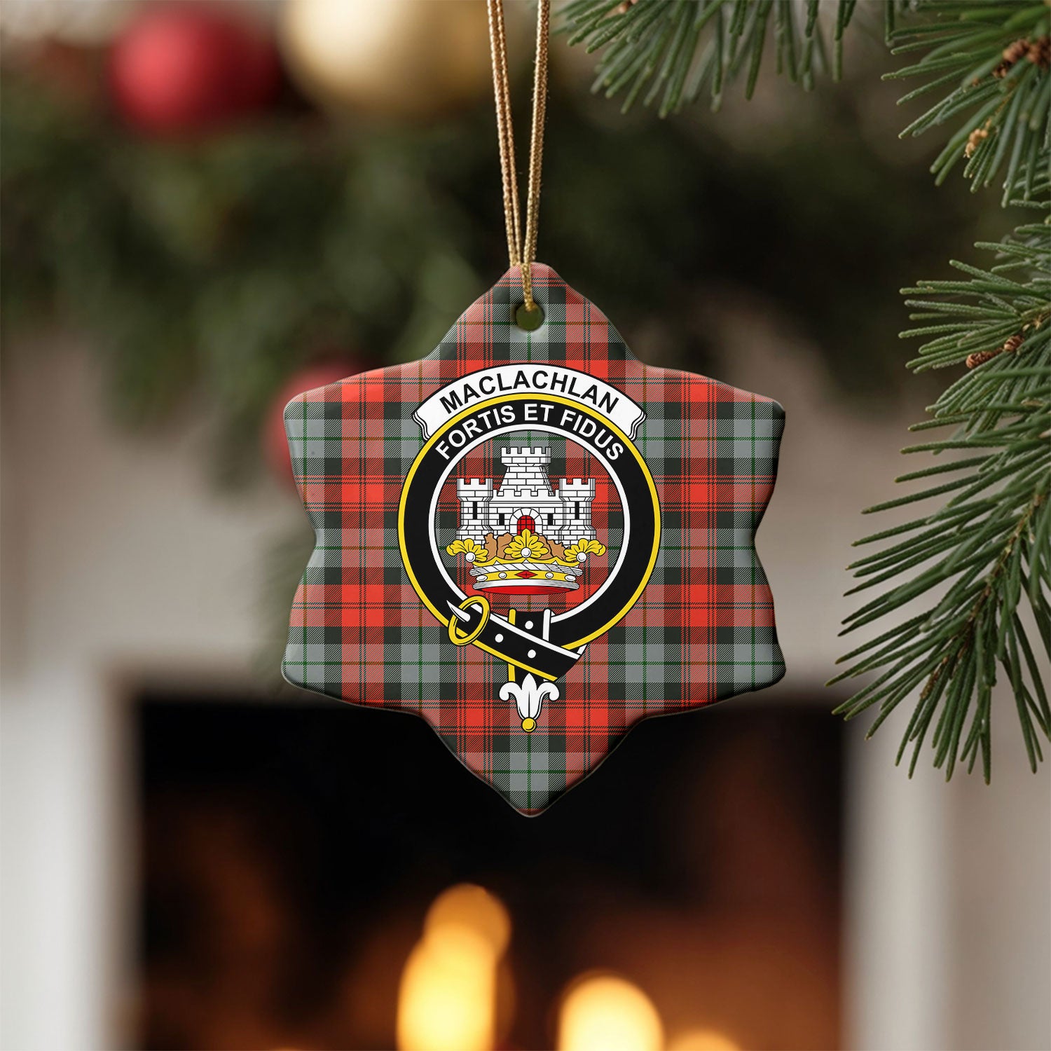 MacLachlan Weathered Tartan Crest Christmas Ceramic Ornament