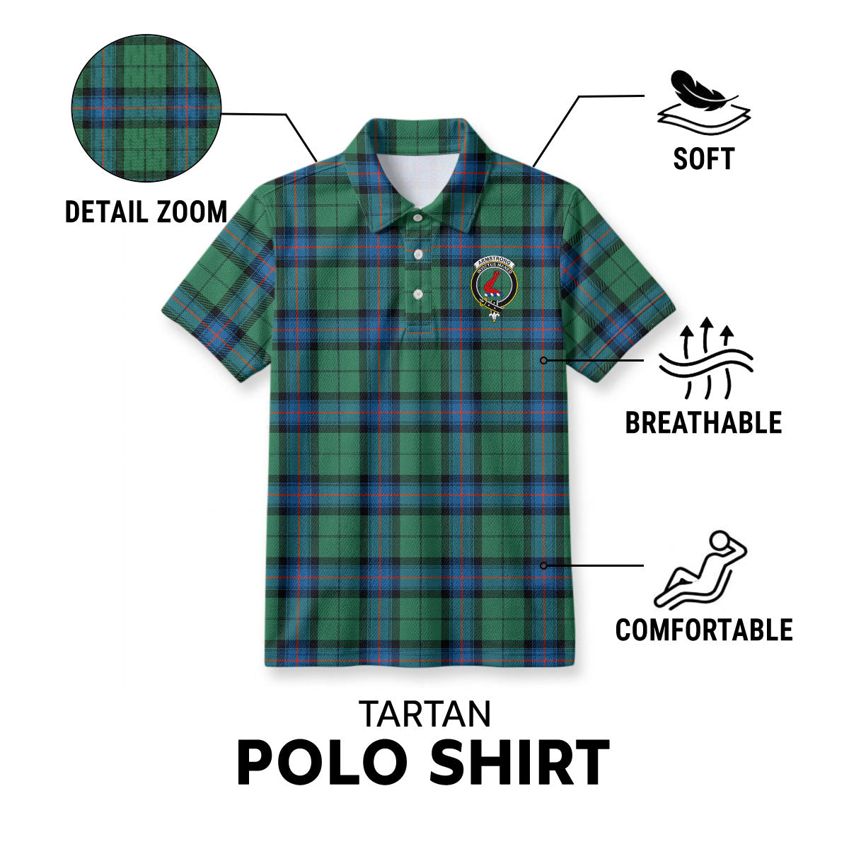 Armstrong Ancient Tartan Crest Birdseye Mesh Polo Shirt