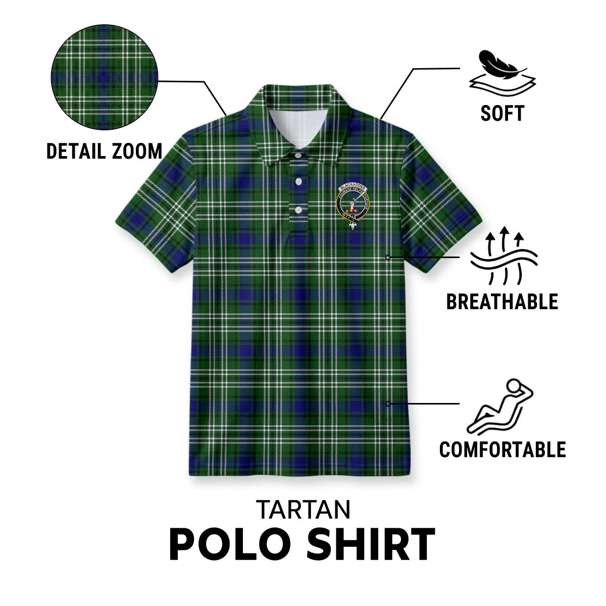 Blackadder Tartan Crest Birdseye Mesh Polo Shirt