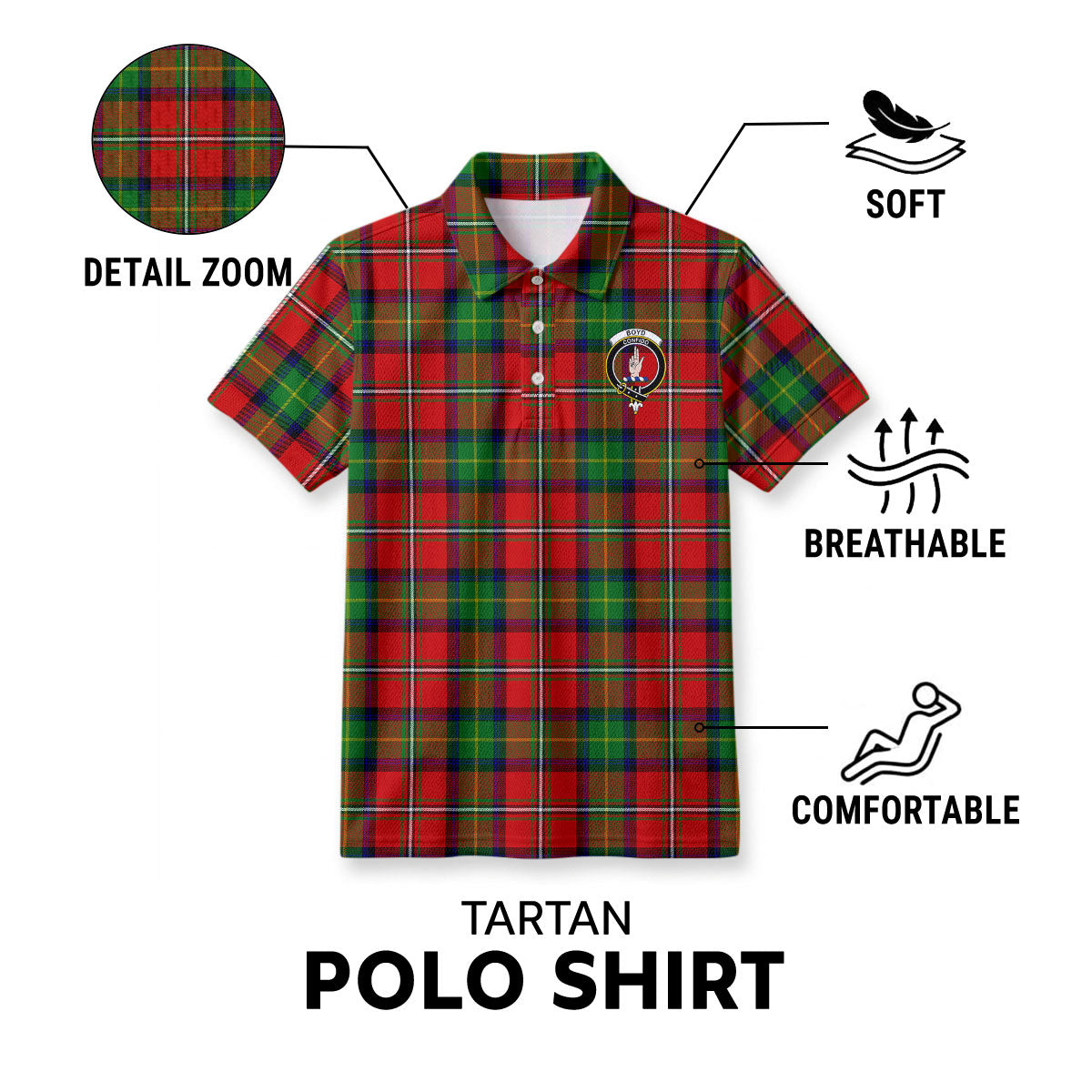 Boyd Modern Tartan Crest Birdseye Mesh Polo Shirt