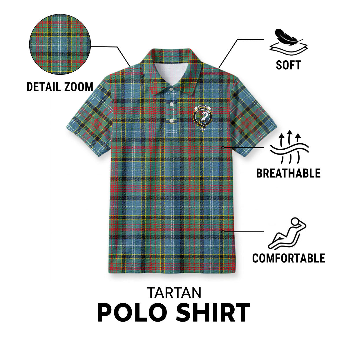 Brisbane Tartan Crest Birdseye Mesh Polo Shirt