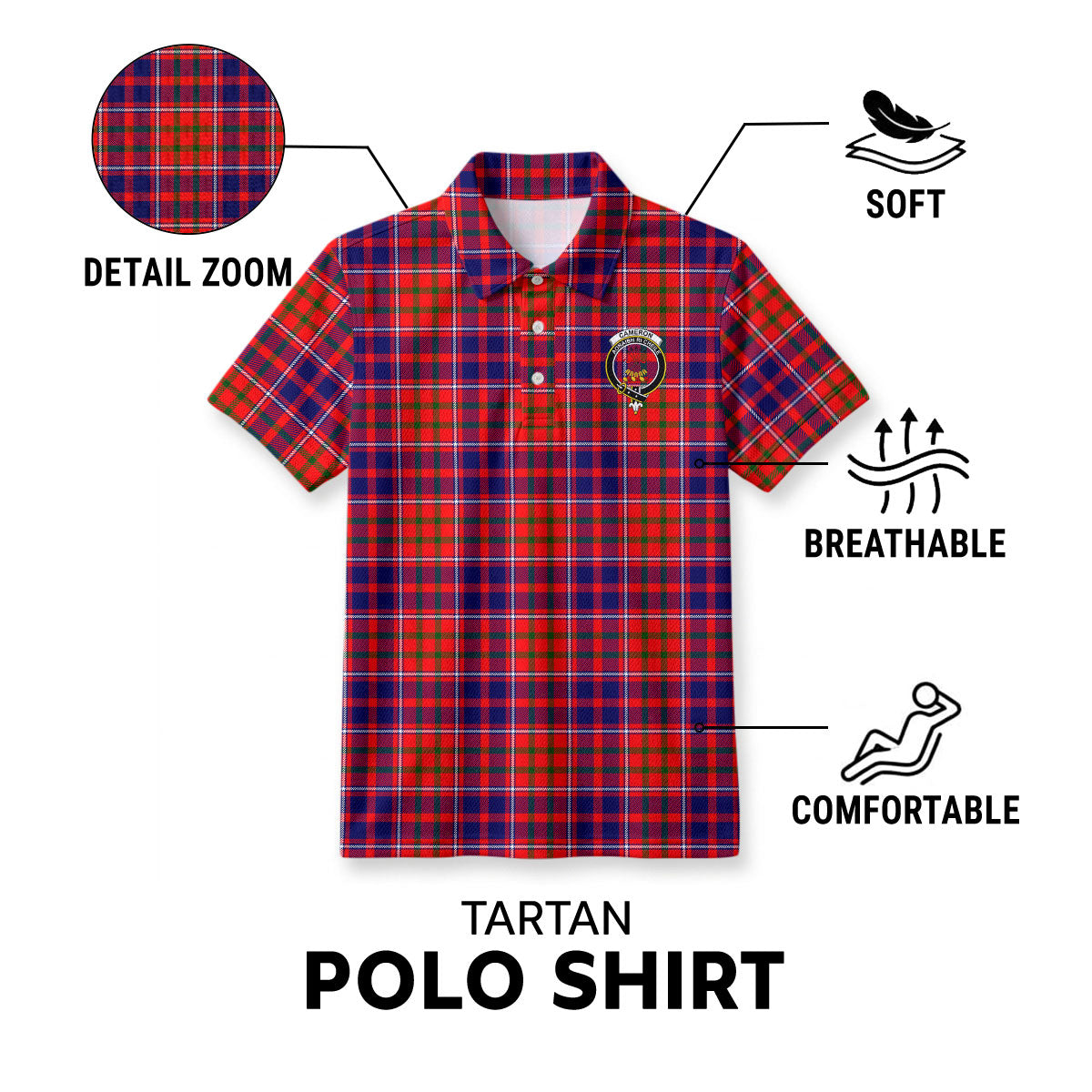 Cameron of Lochiel Modern Tartan Crest Birdseye Mesh Polo Shirt