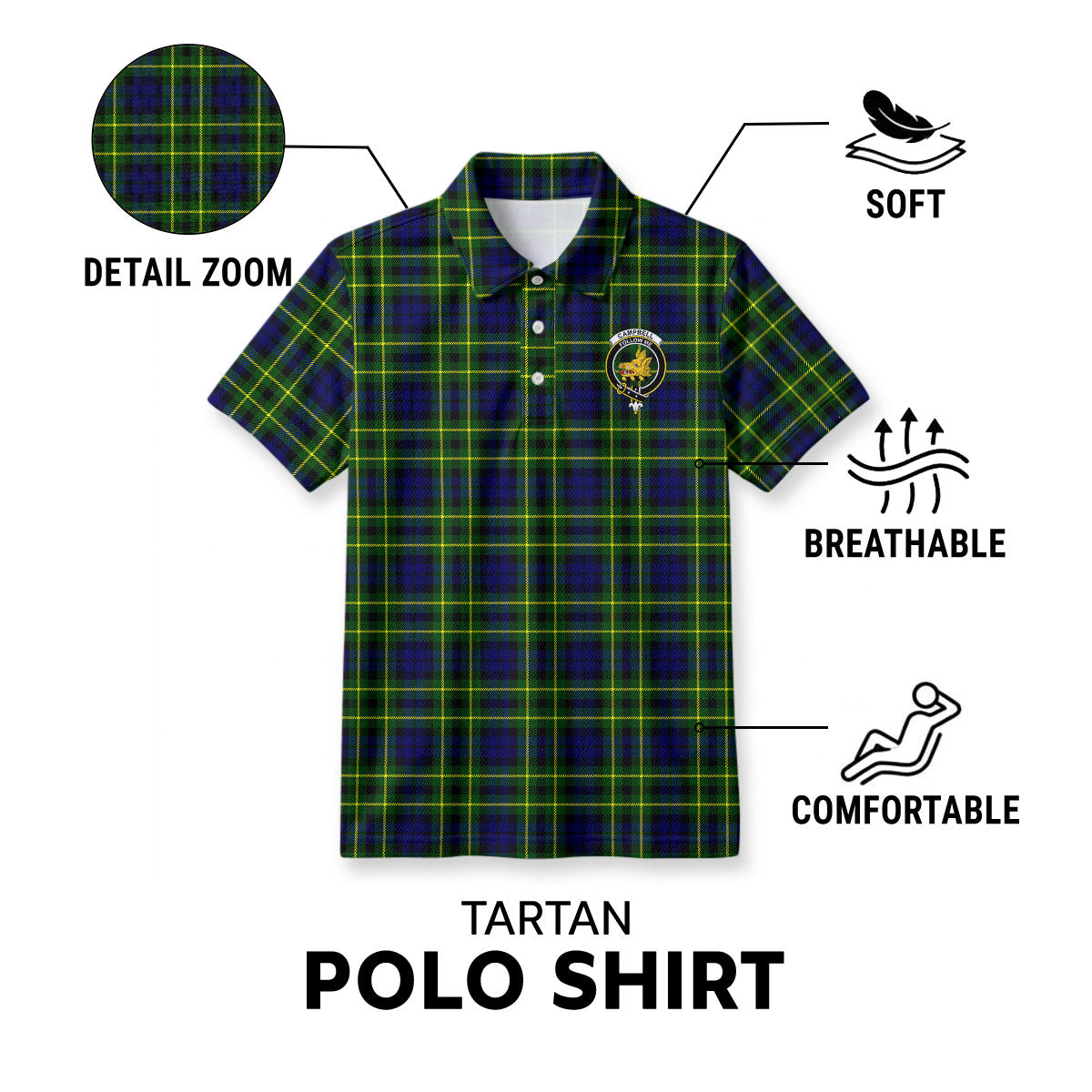 Campbell of Breadalbane Modern Tartan Crest Birdseye Mesh Polo Shirt