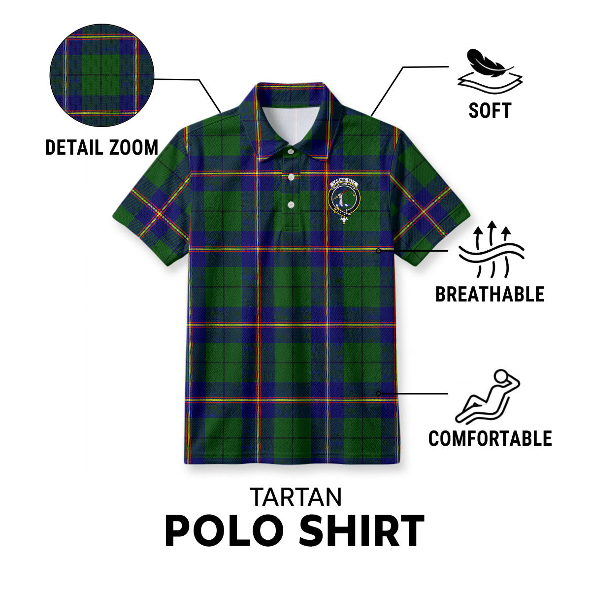 Carmichael Modern Tartan Crest Birdseye Mesh Polo Shirt