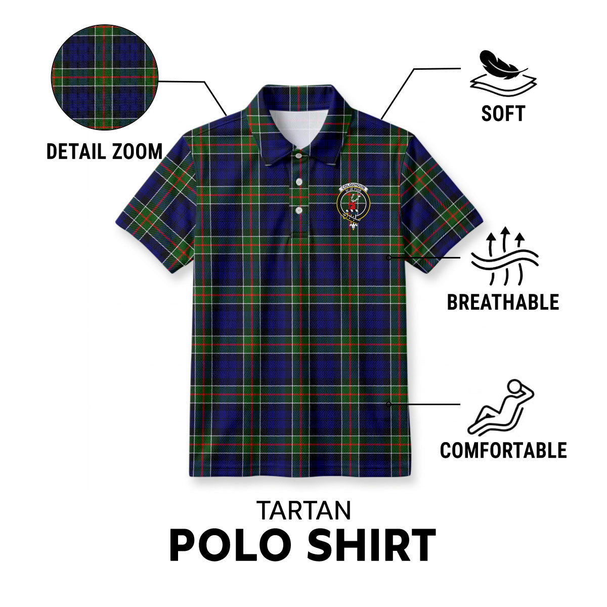 Colquhoun Modern Tartan Crest Birdseye Mesh Polo Shirt