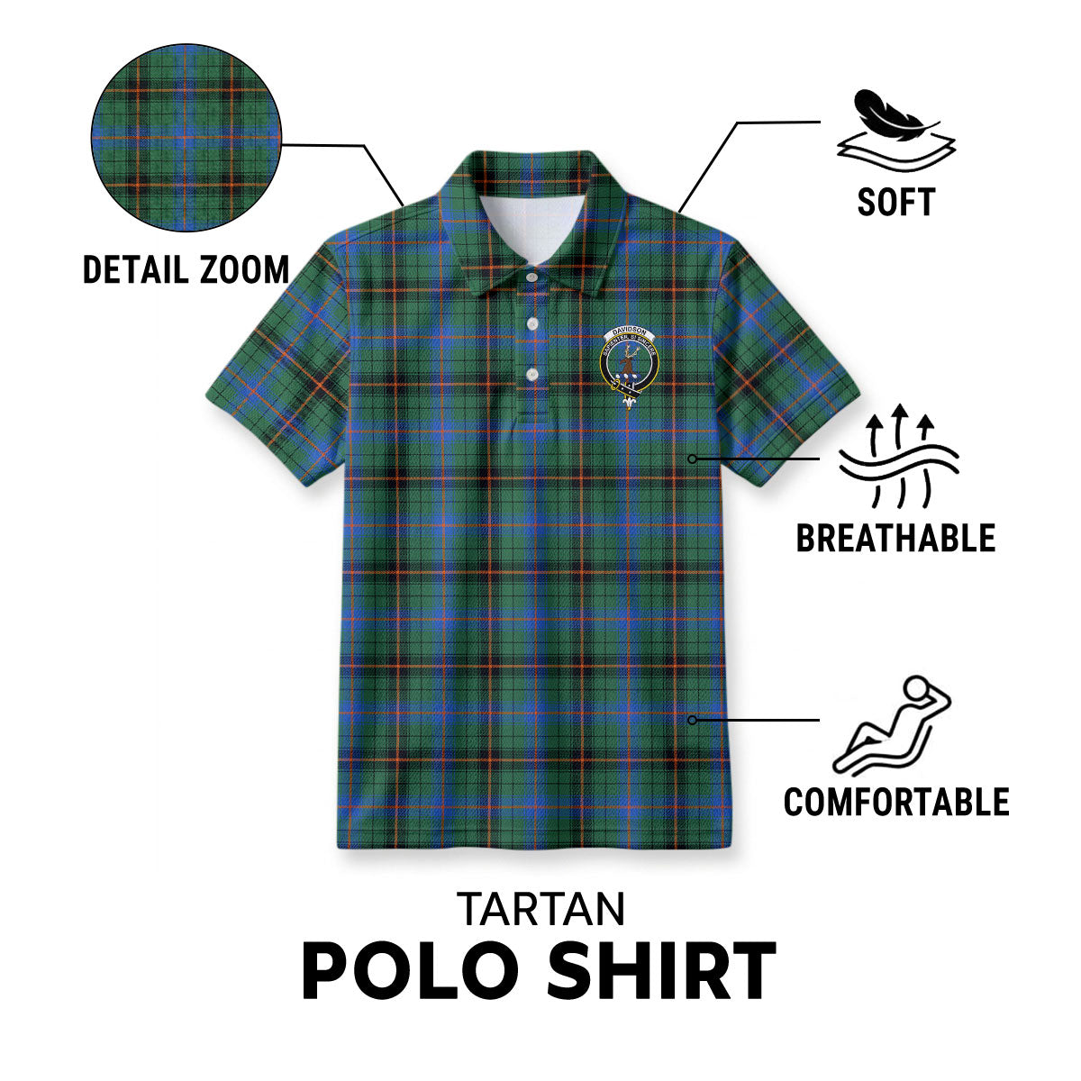 Davidson Ancient Tartan Crest Birdseye Mesh Polo Shirt