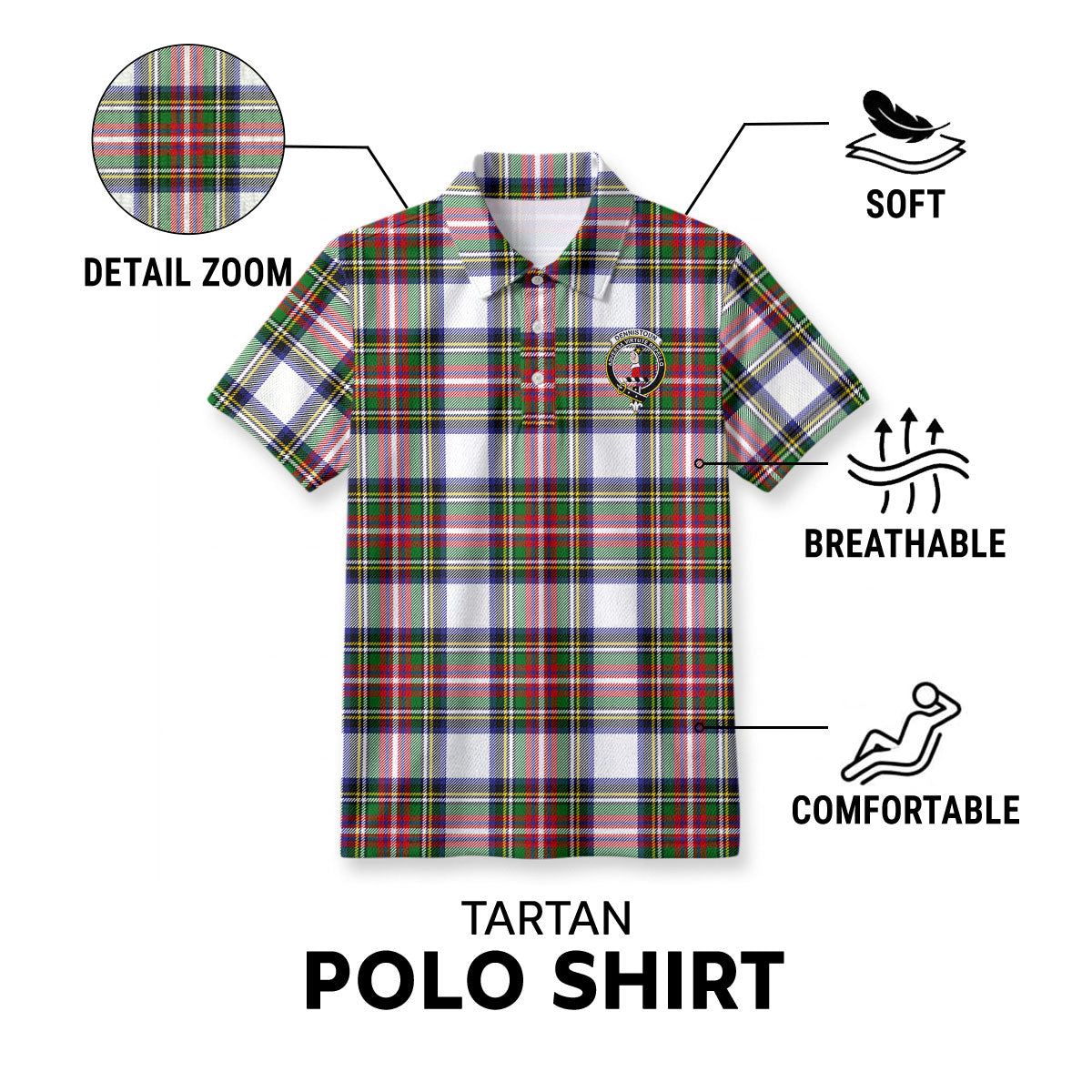 Dennistoun Tartan Crest Birdseye Mesh Polo Shirt