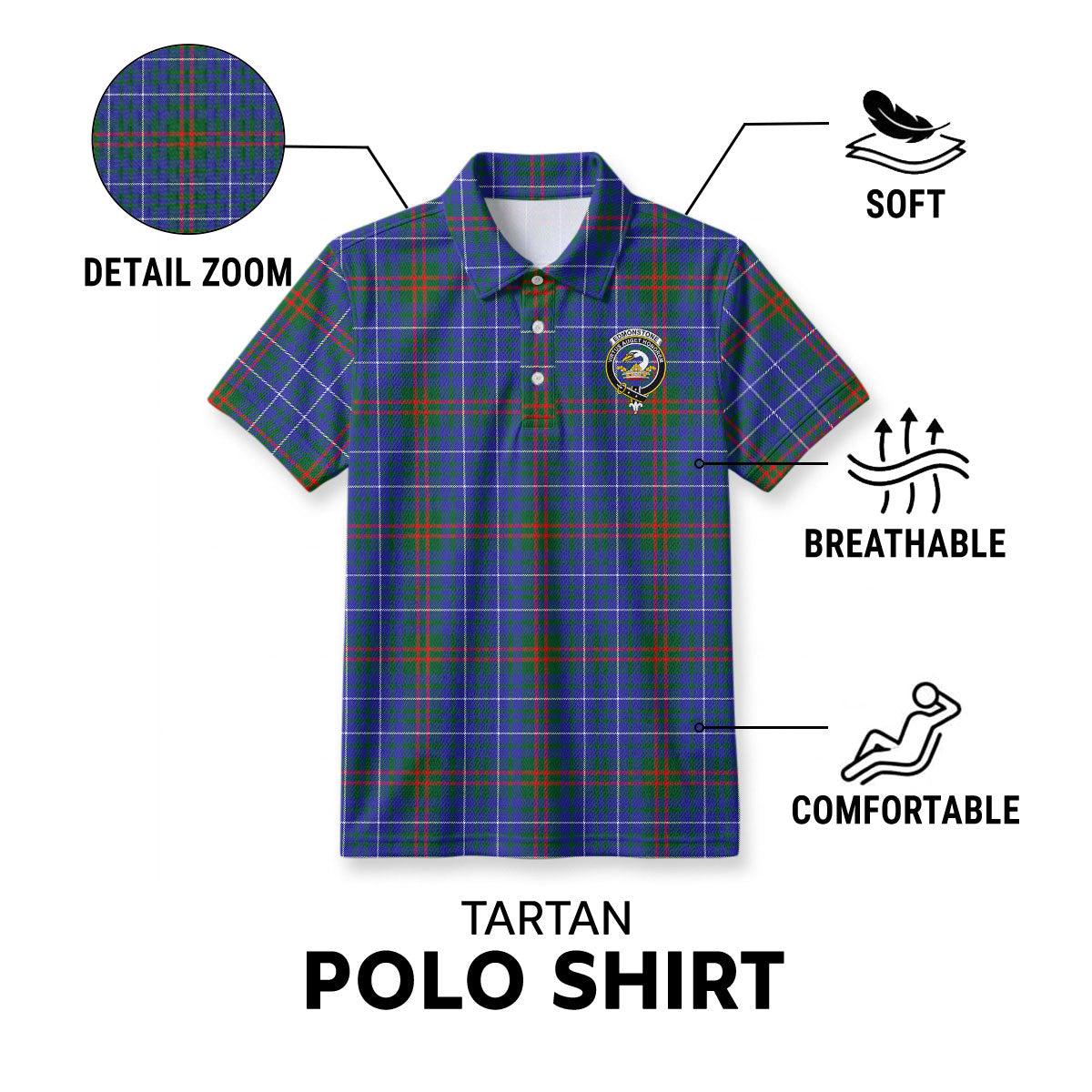 Edmonstone Tartan Crest Birdseye Mesh Polo Shirt