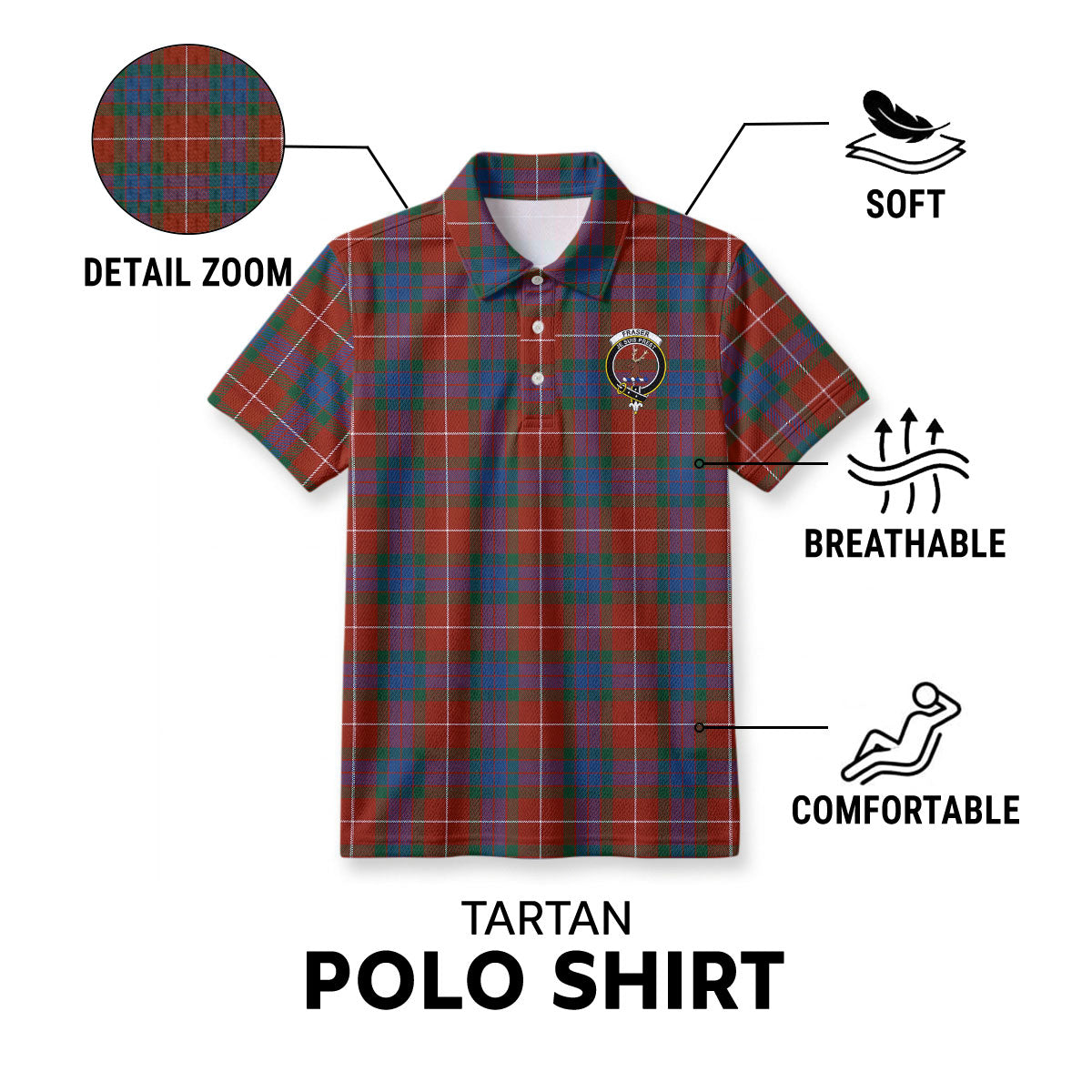 Fraser (of Lovat) Ancient Tartan Crest Birdseye Mesh Polo Shirt