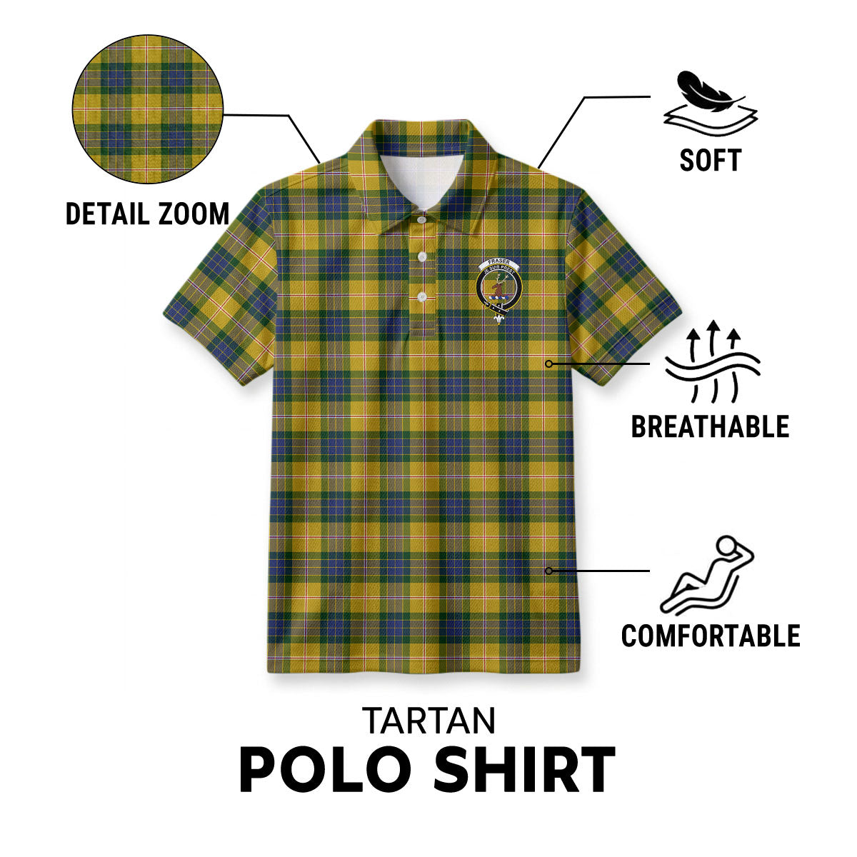 Fraser (of Lovat) Yellow Tartan Crest Birdseye Mesh Polo Shirt