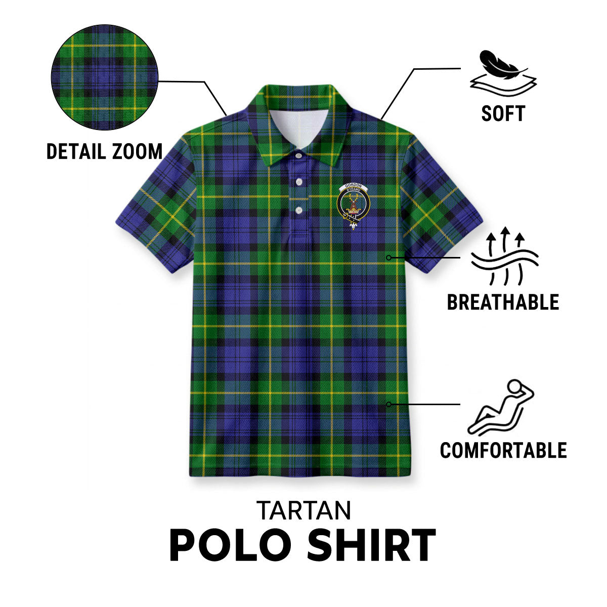 Gordon Modern Tartan Crest Birdseye Mesh Polo Shirt