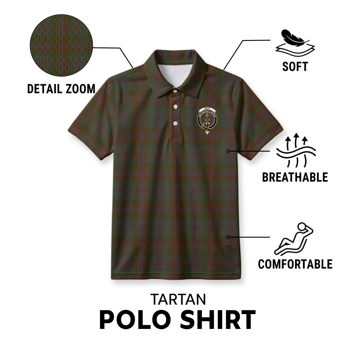 Gray Tartan Crest Birdseye Mesh Polo Shirt