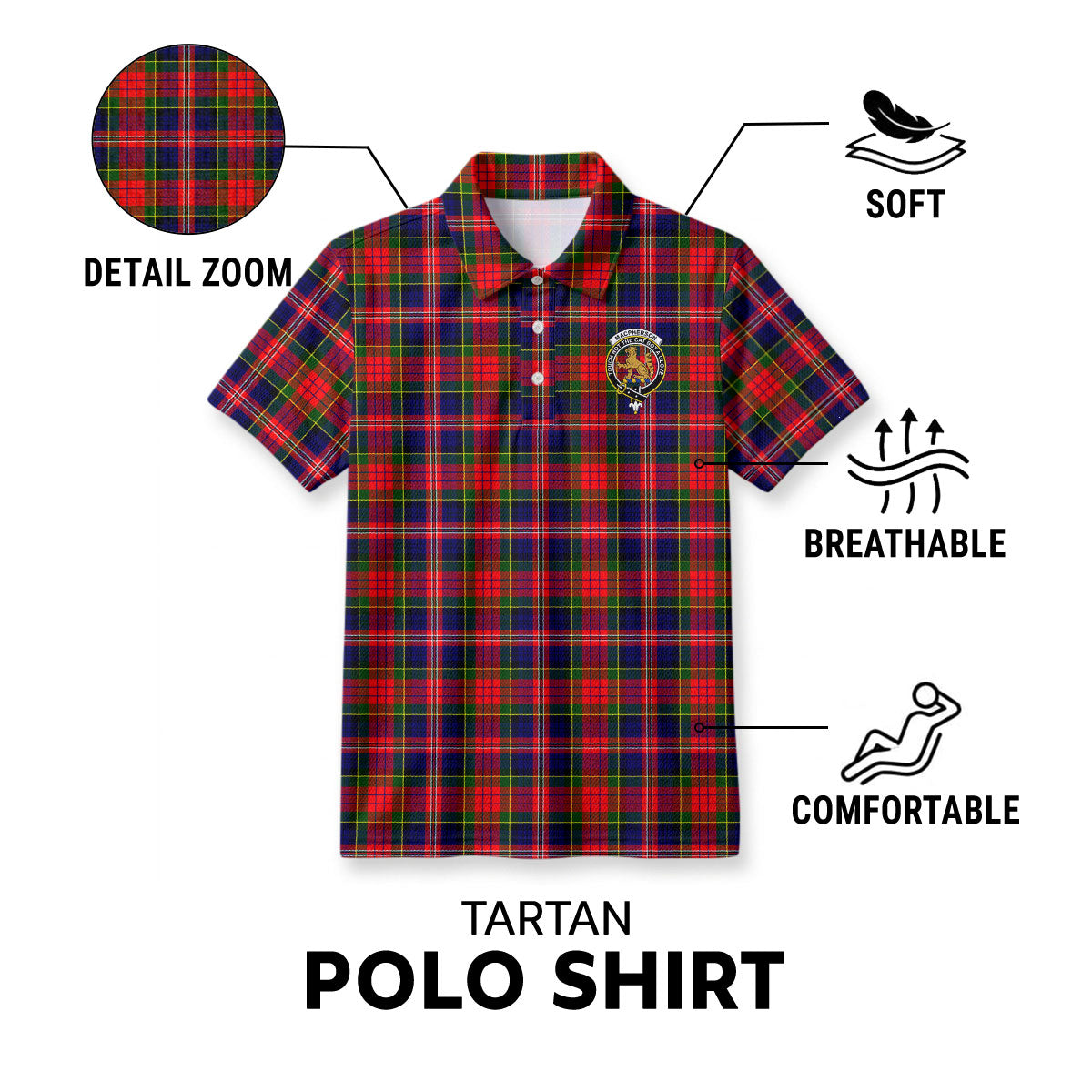 MacPherson Modern Tartan Crest Birdseye Mesh Polo Shirt