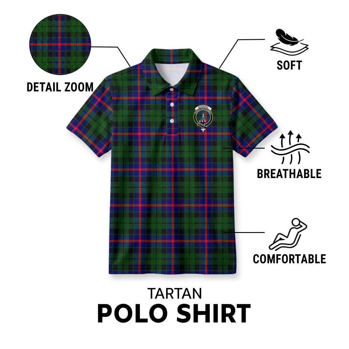 Morrison Modern Tartan Crest Birdseye Mesh Polo Shirt