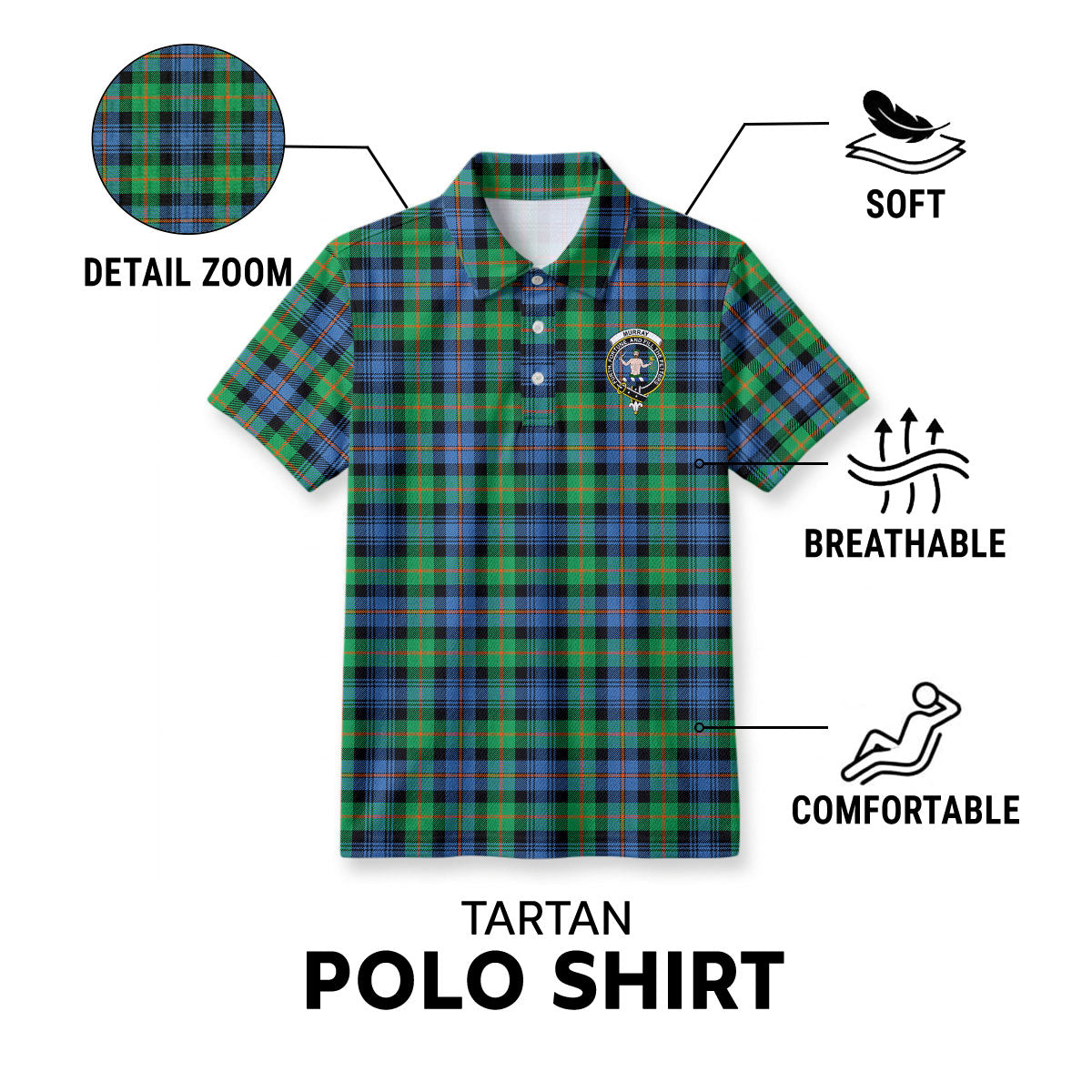 Murray of Atholl Ancient Tartan Crest Birdseye Mesh Polo Shirt