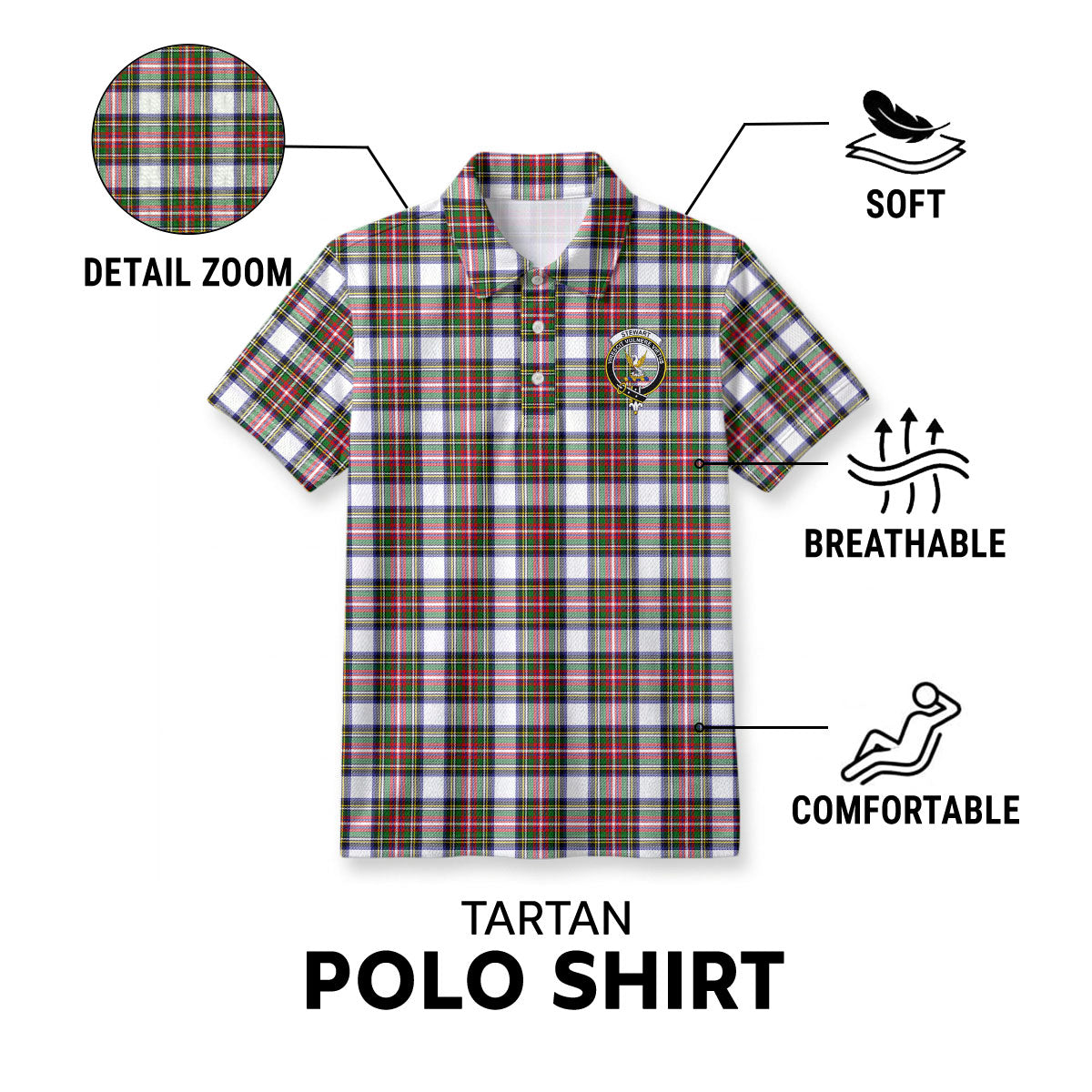 Stewart Dress Modern Tartan Crest Birdseye Mesh Polo Shirt