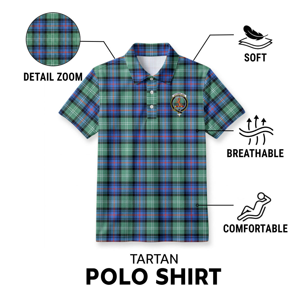 Sutherland Old Ancient Tartan Crest Birdseye Mesh Polo Shirt