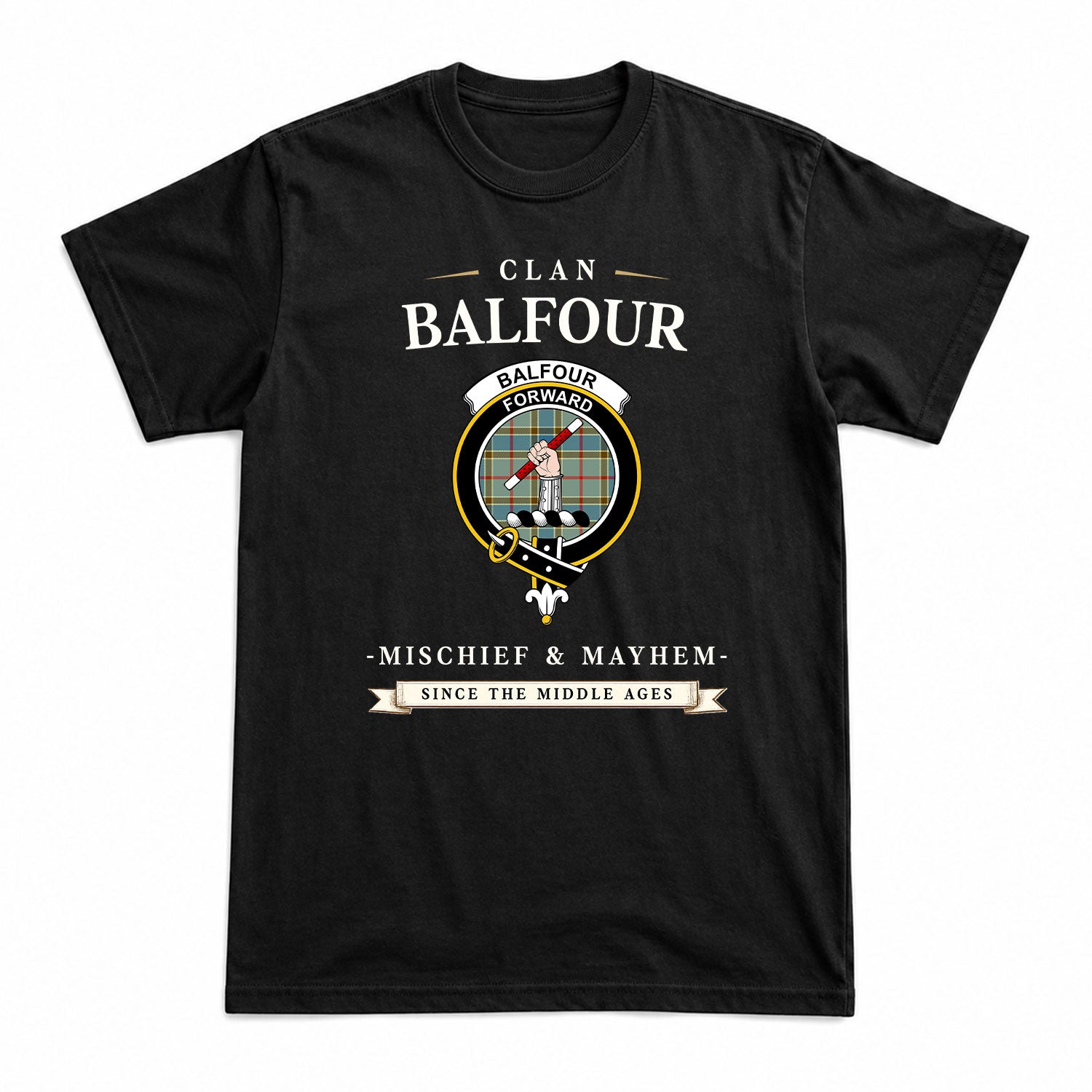 Balfour Blue Tartan Crest Mischief and Mayhem T-shirt