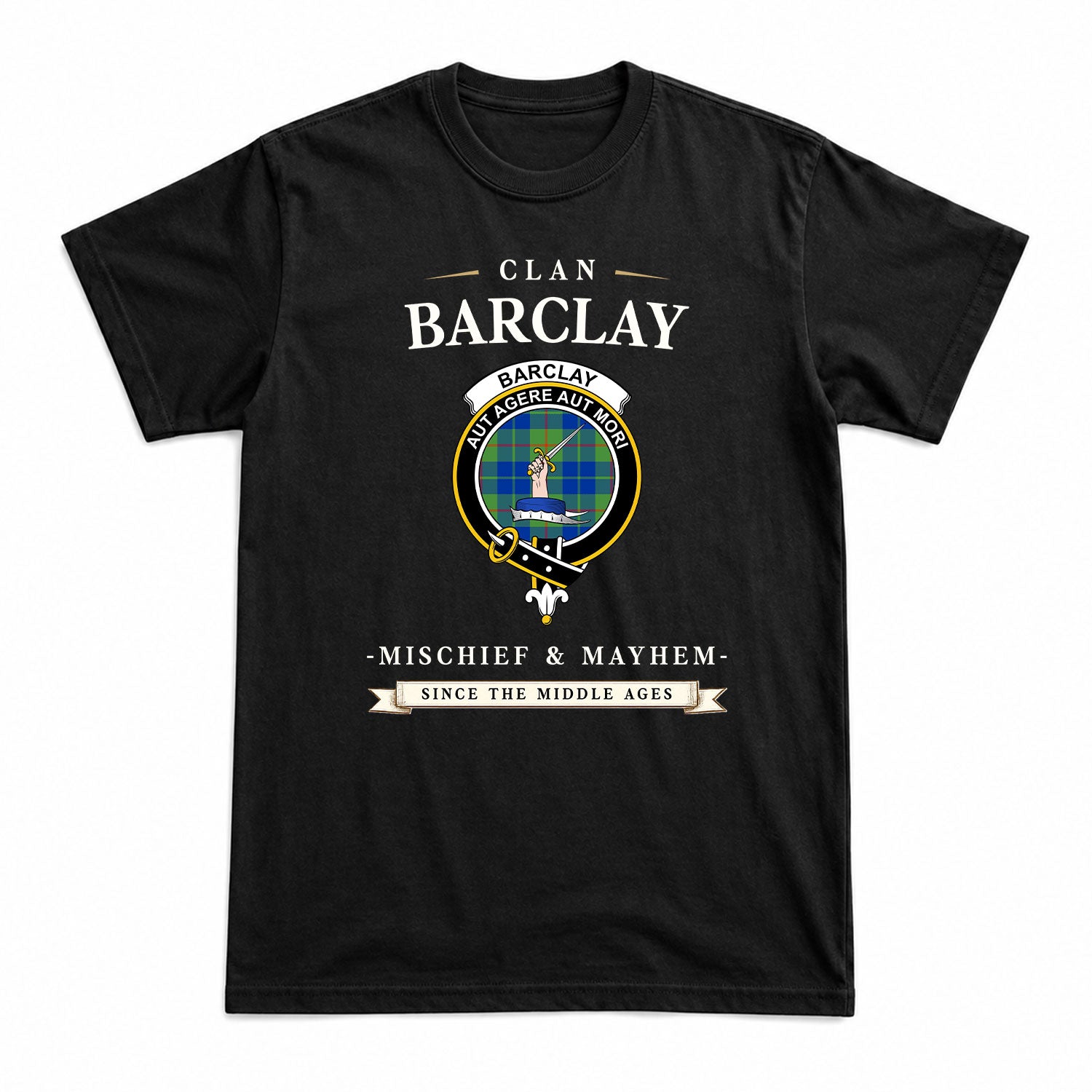 Barclay Hunting Ancient Tartan Crest Mischief and Mayhem T-shirt