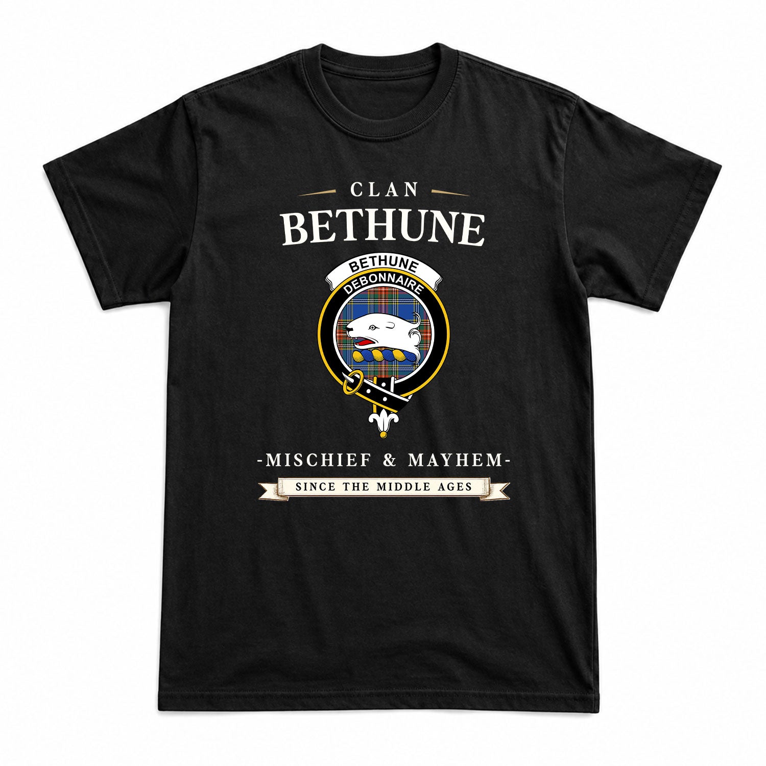 Bethune Ancient Tartan Crest Mischief and Mayhem T-shirt