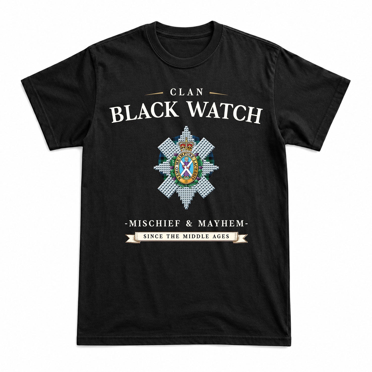 Black Watch Ancient Tartan Crest Mischief and Mayhem T-shirt