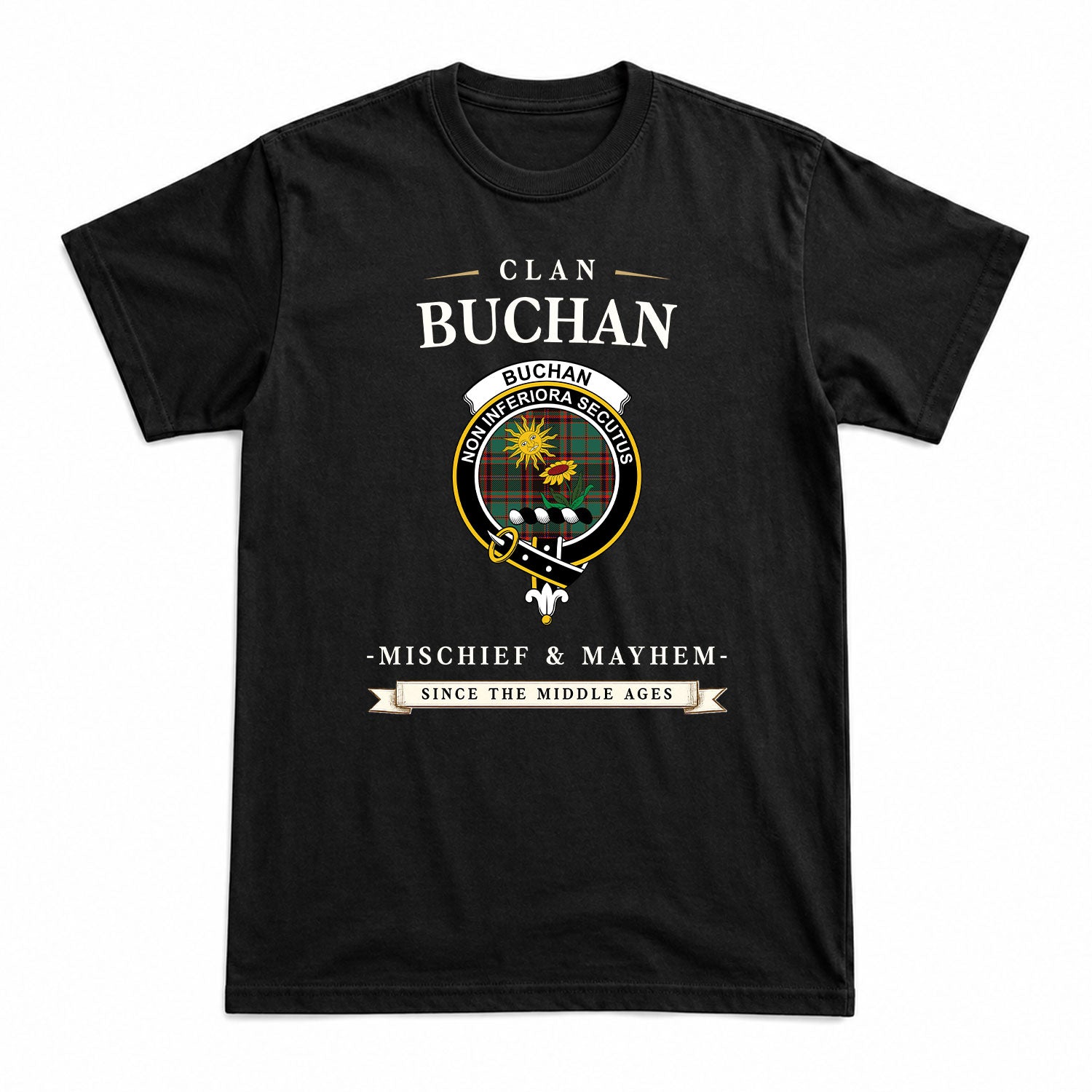 Buchan Ancient Tartan Crest Mischief and Mayhem T-shirt