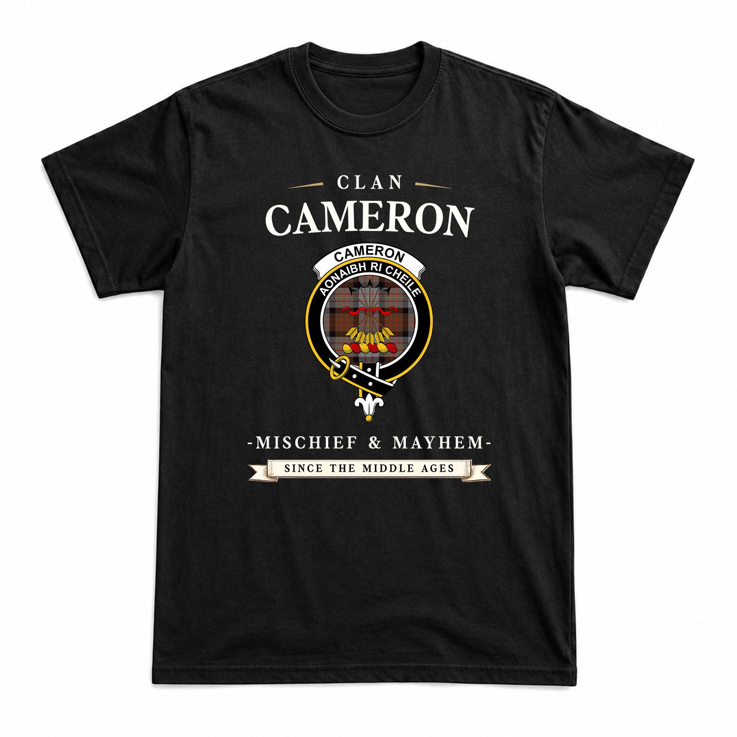 Cameron of Erracht Weathered Tartan Crest Mischief and Mayhem T-shirt