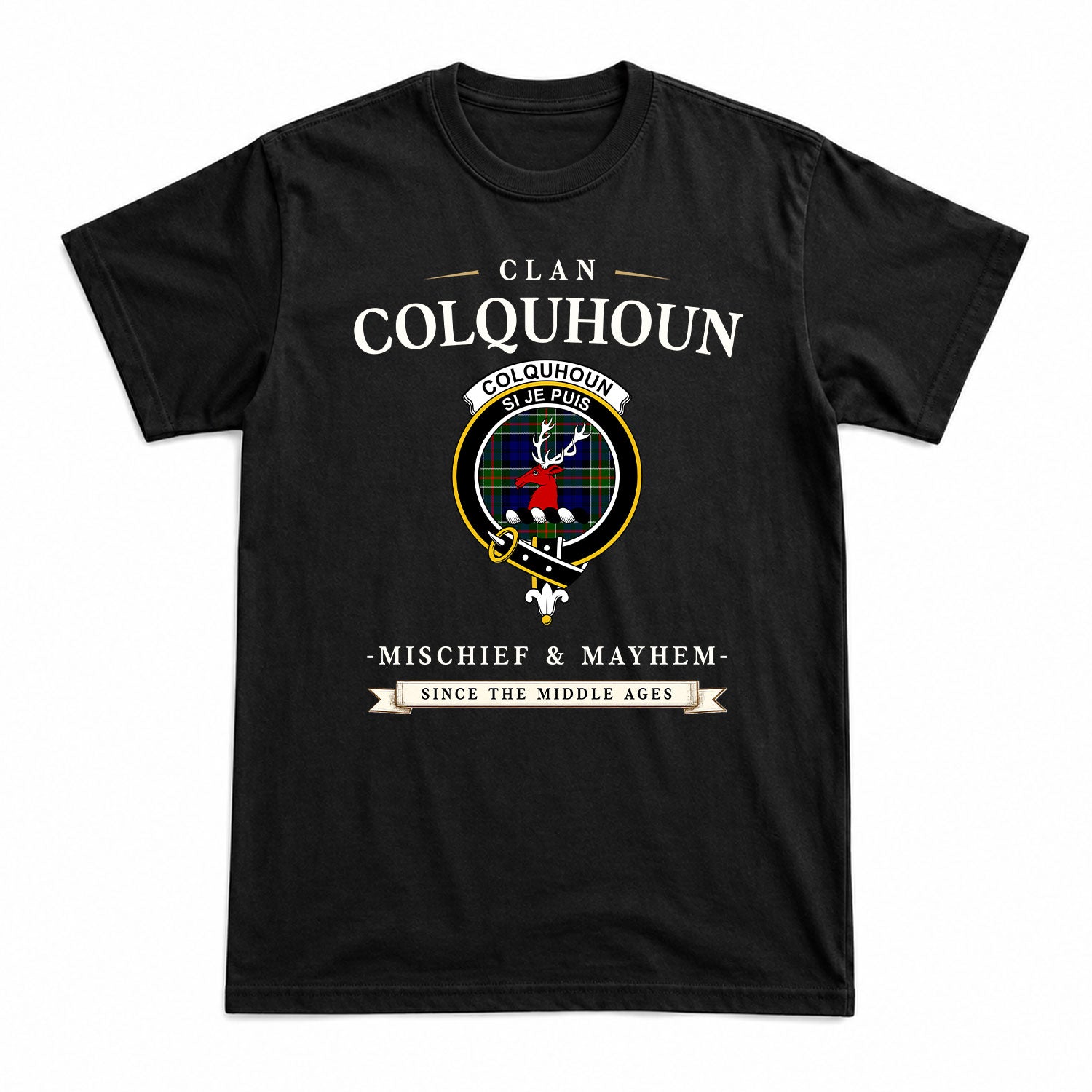 Colquhoun Modern Tartan Crest Mischief and Mayhem T-shirt
