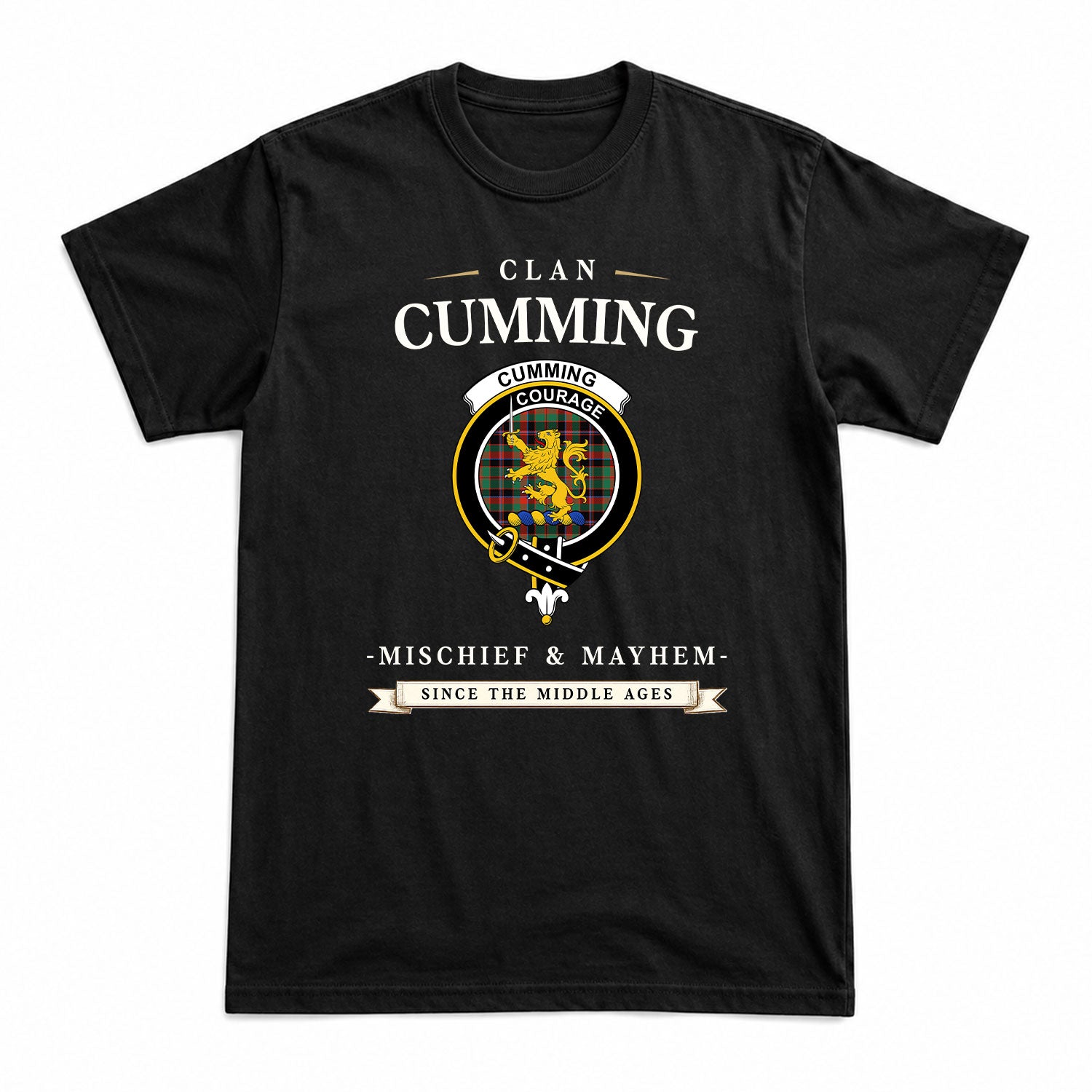 Cumming Hunting Ancient Tartan Crest Mischief and Mayhem T-shirt