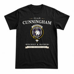 Cunningham Dress Blue Dancers Tartan Crest Mischief and Mayhem T-shirt