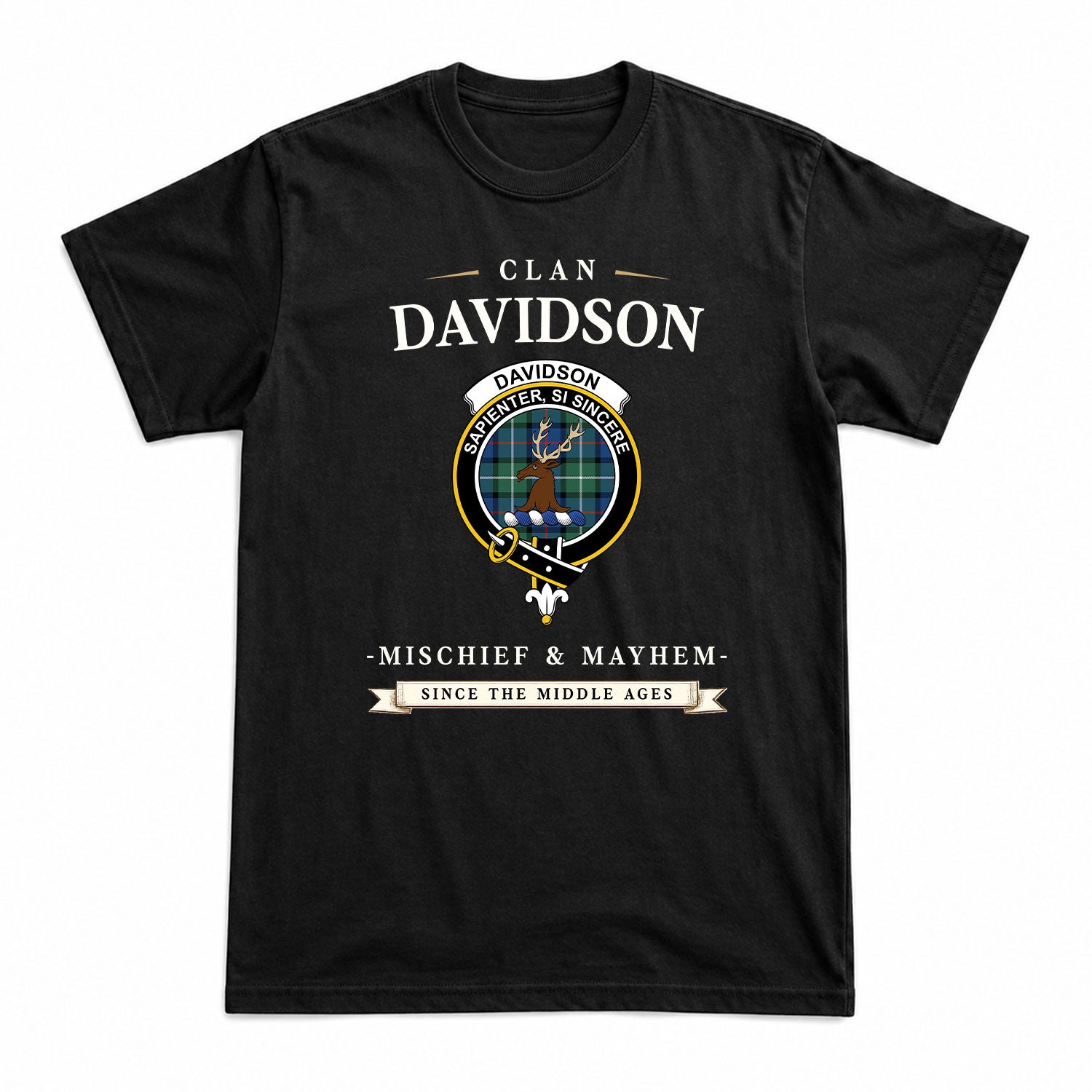 Davidson of Tulloch Tartan Crest Mischief and Mayhem T-shirt