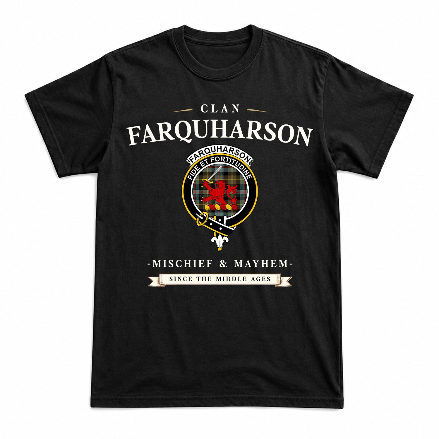 Farquharson Weathered Tartan Crest Mischief and Mayhem T-shirt